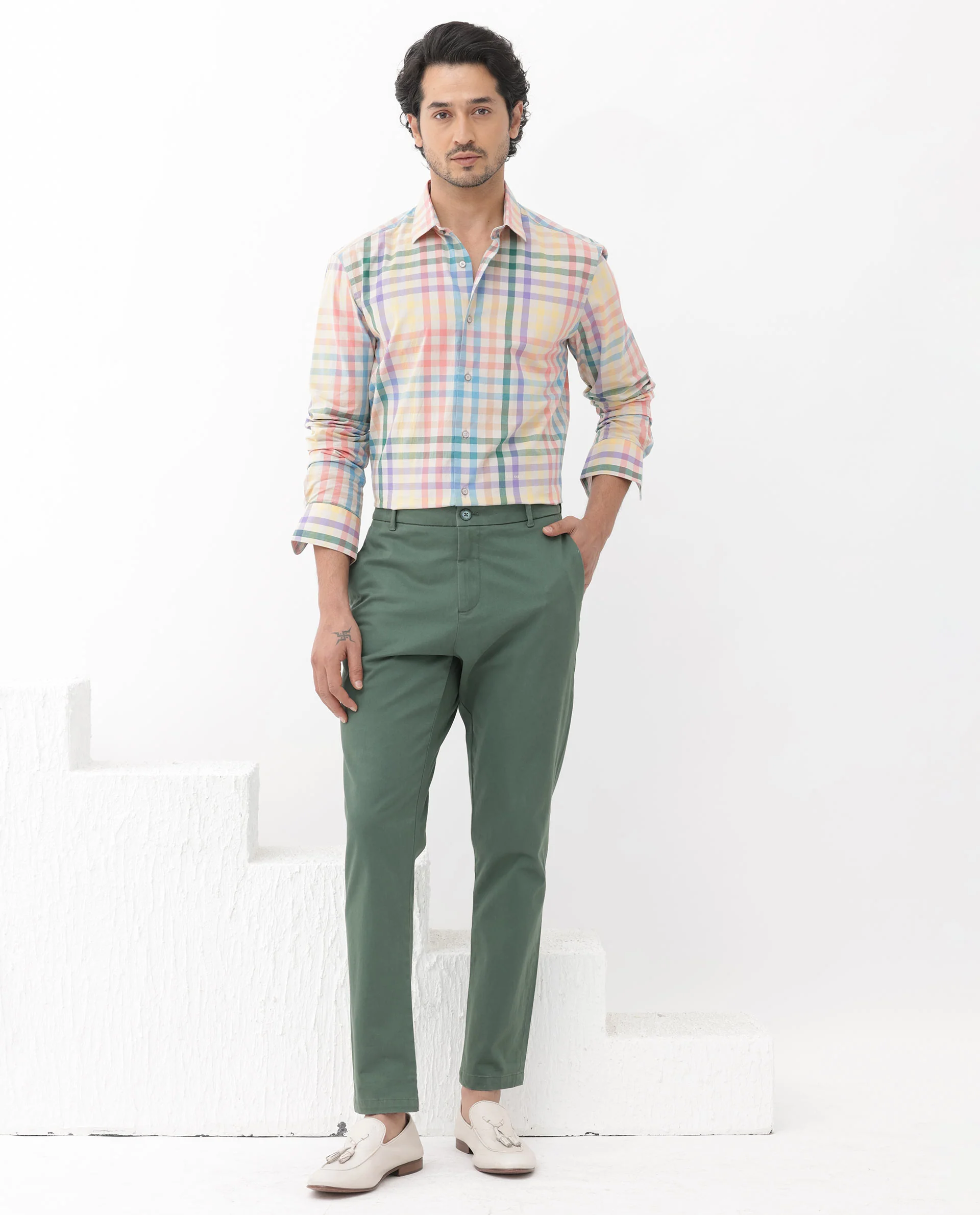 Rare Rabbit Men's Aubin Beige Cotton Checked Print Regular Fit Full Sleeve Collared Shirt - Image 2