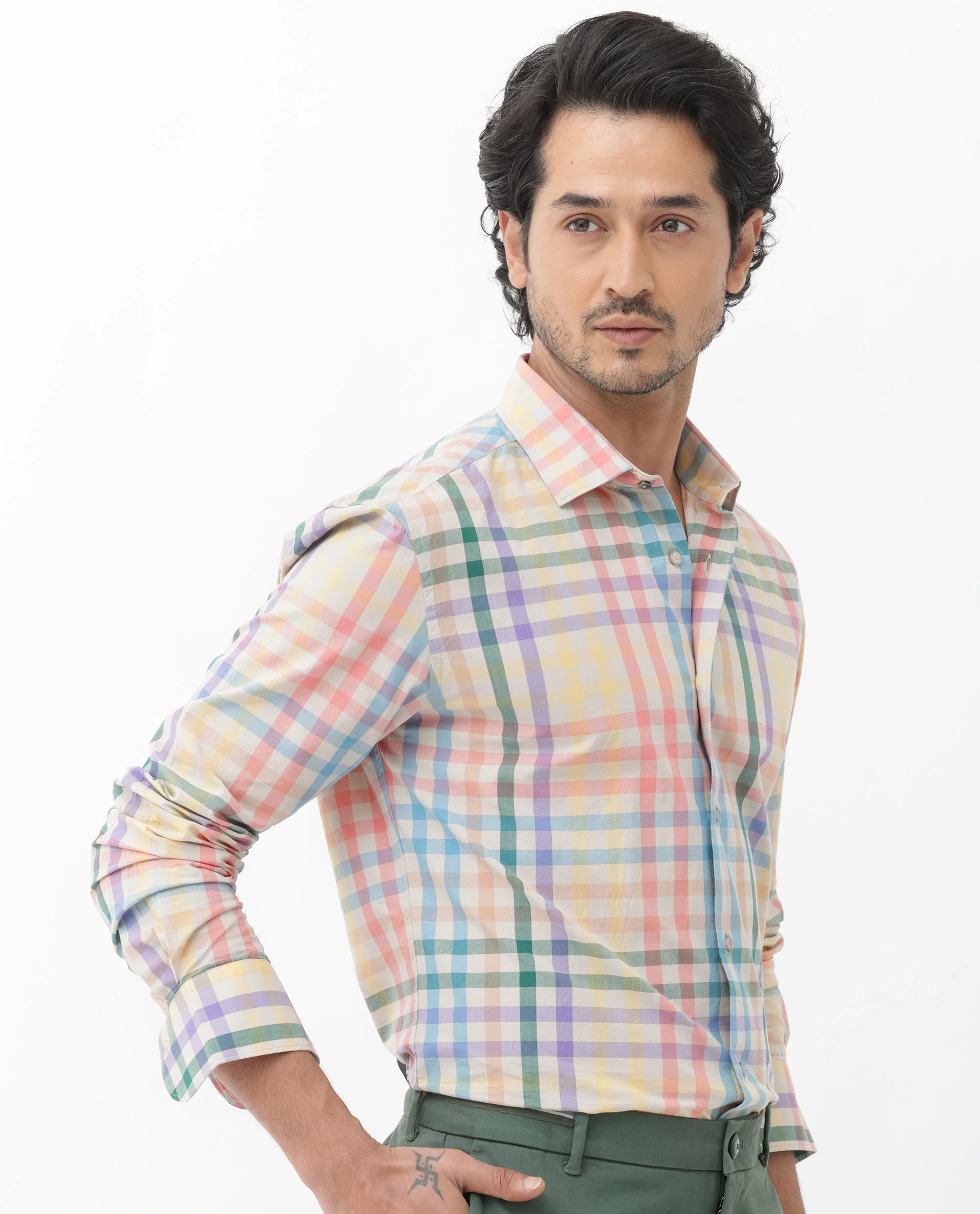 Rare Rabbit Men's Aubin Beige Cotton Checked Print Regular Fit Full Sleeve Collared Shirt - Image 4