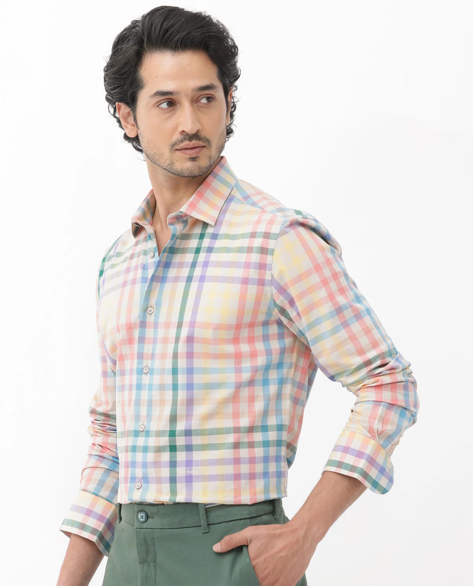 Rare Rabbit Men's Aubin Beige Cotton Checked Print Regular Fit Full Sleeve Collared Shirt - Image 7