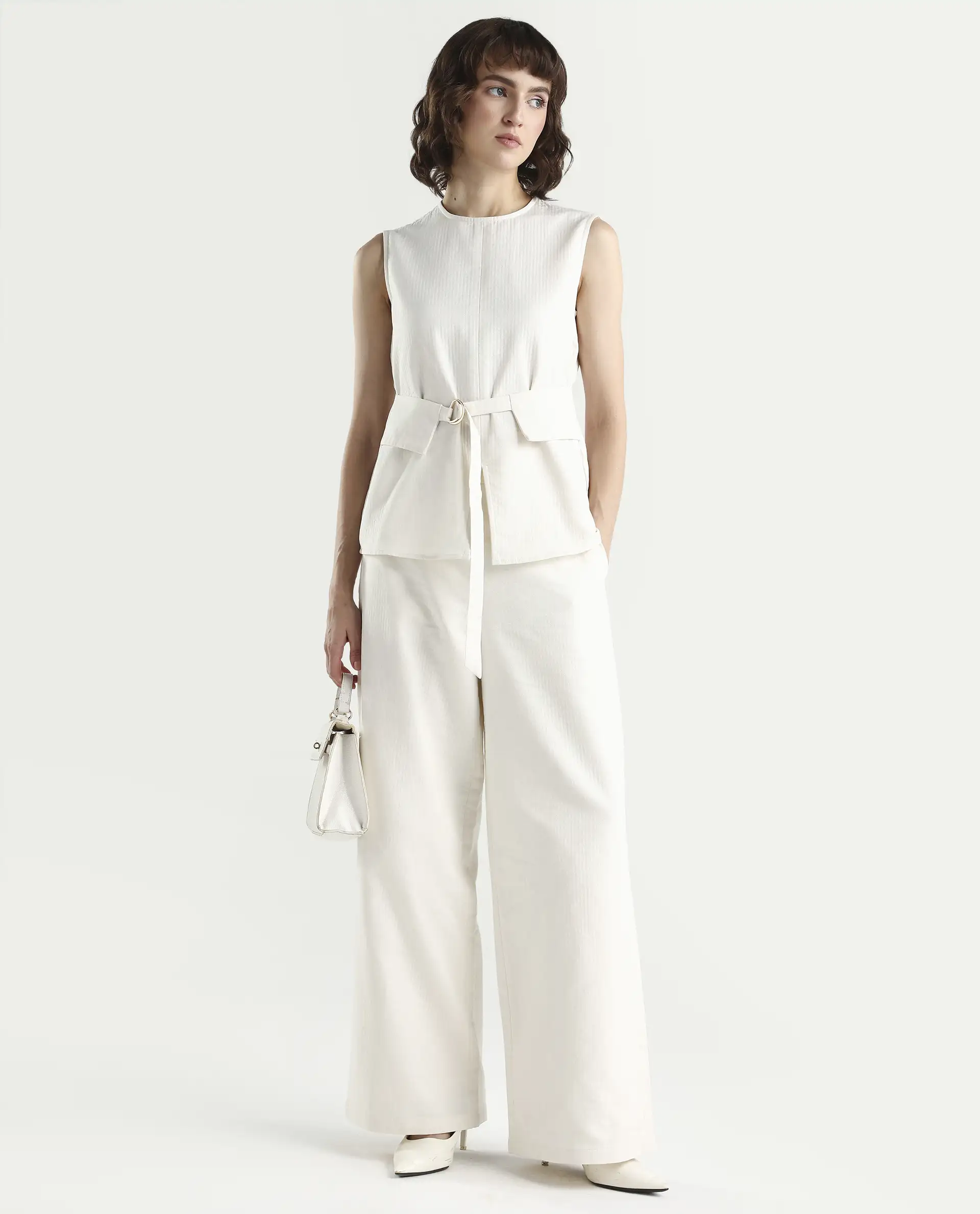 Rareism Women's Aubra-B Off White Cotton Wide Leg Plain Trouser