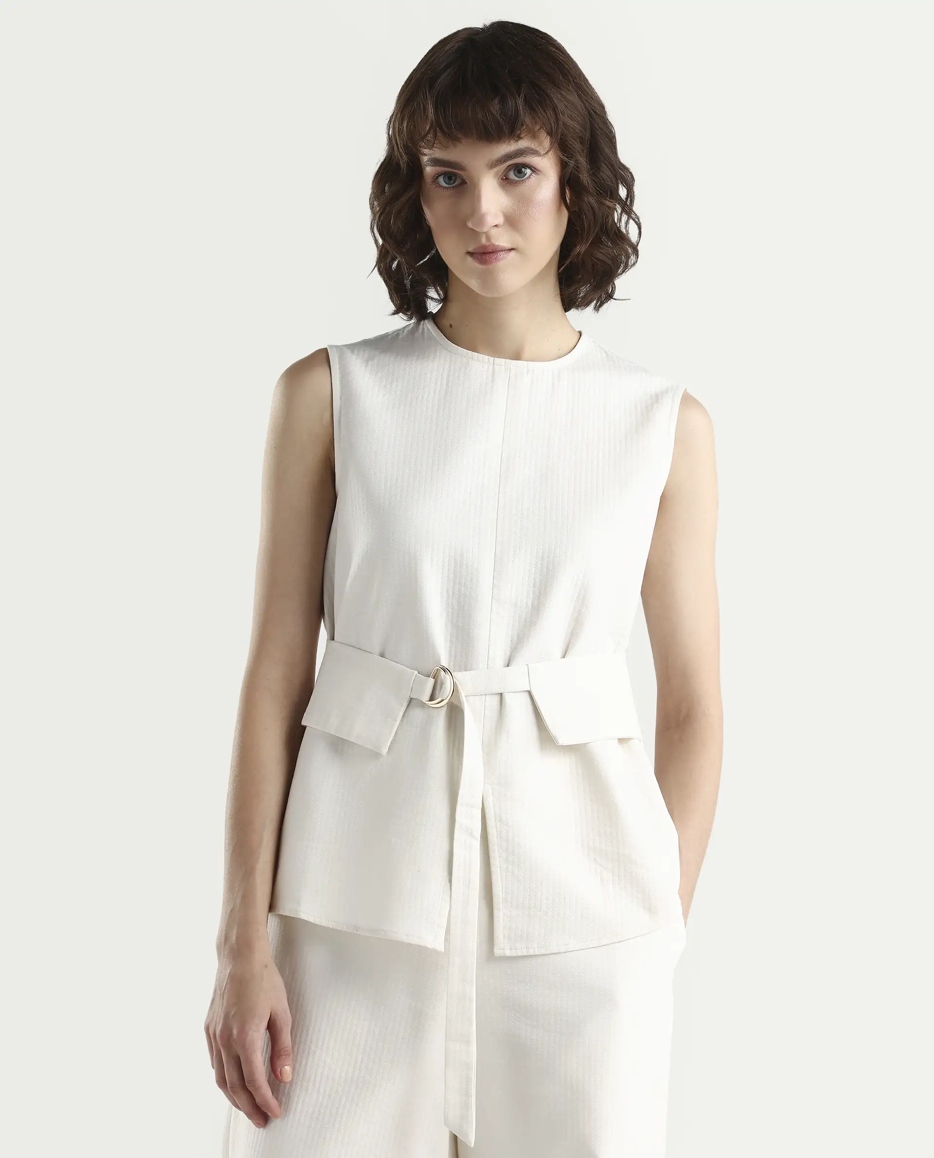 Rareism Women's Aubra-T Off White Cotton Sleeveless Crew Neck Regular Fit Plain Top - Image 3
