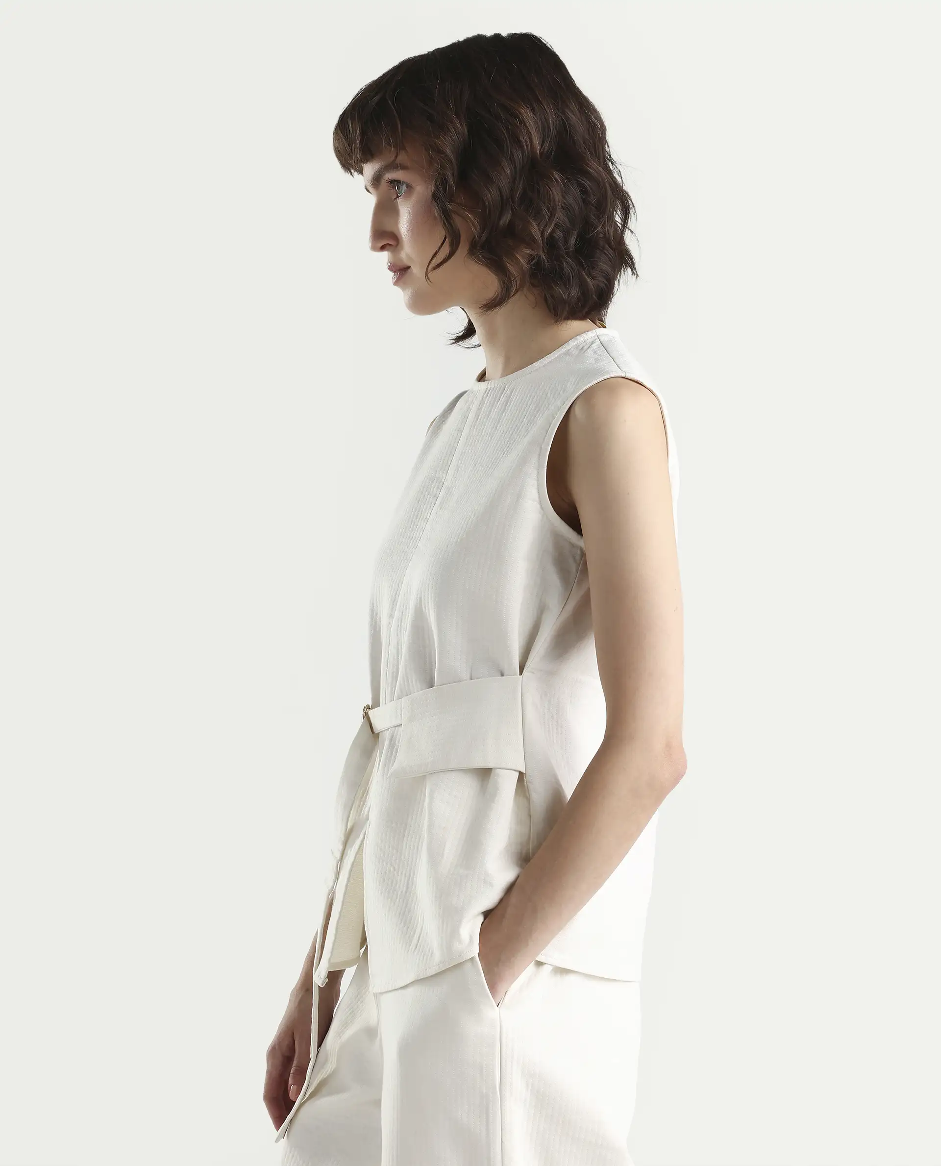 Rareism Women's Aubra-T Off White Cotton Sleeveless Crew Neck Regular Fit Plain Top - Image 5