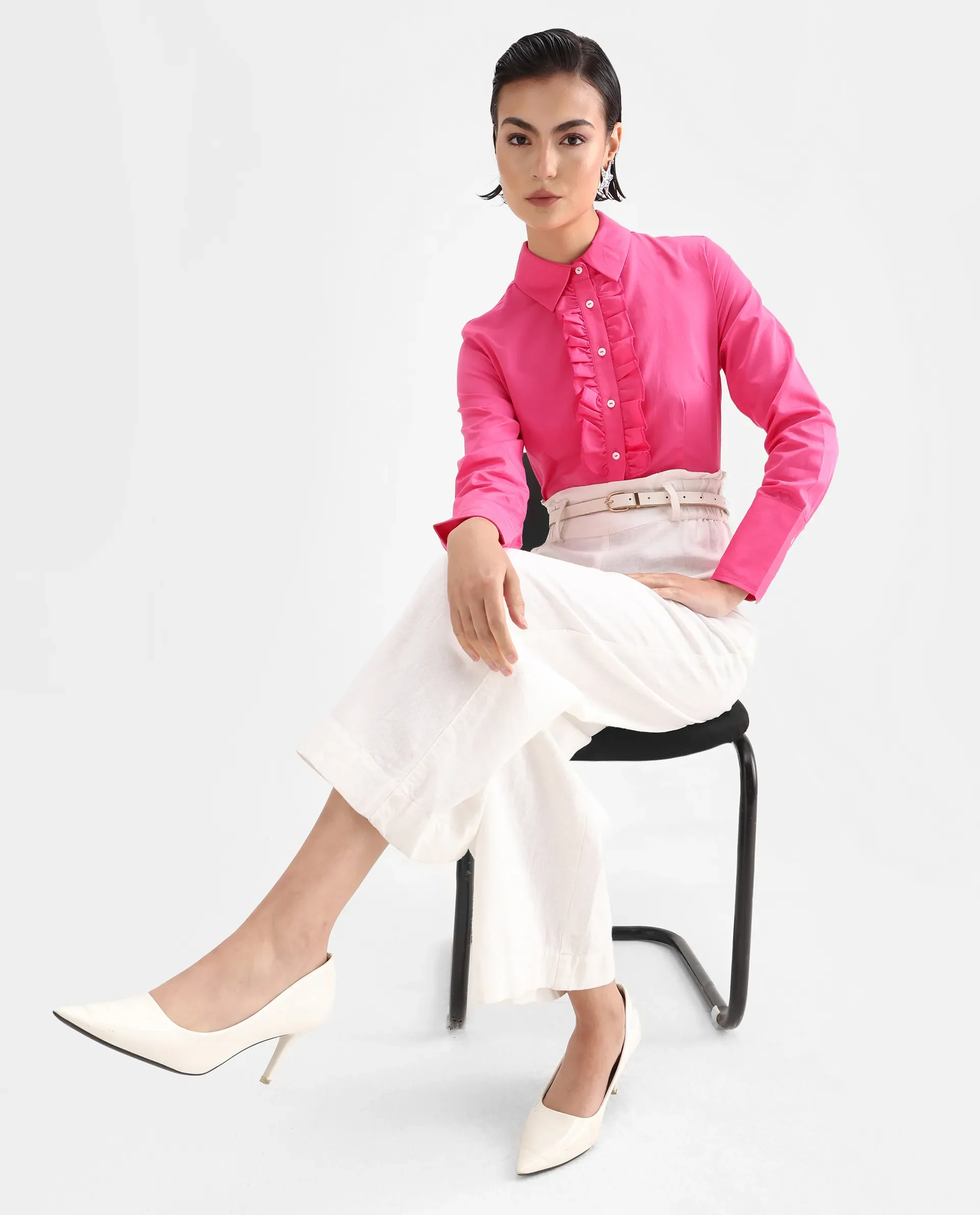 Rareism Women's Aubrey Pink Cotton Spread Collar Plain Regular Fit Top - Image 2