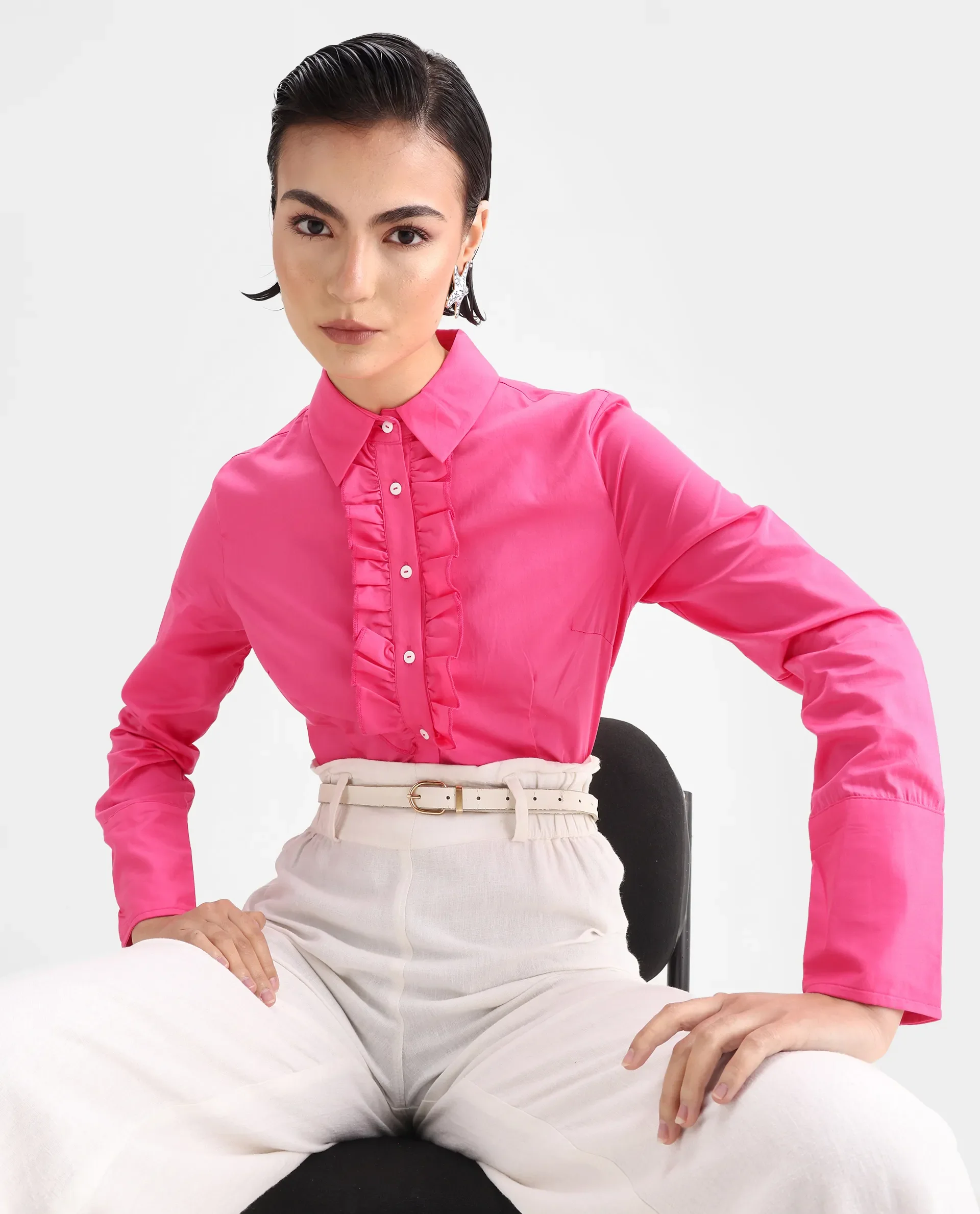 Rareism Women's Aubrey Pink Cotton Spread Collar Plain Regular Fit Top - Image 3