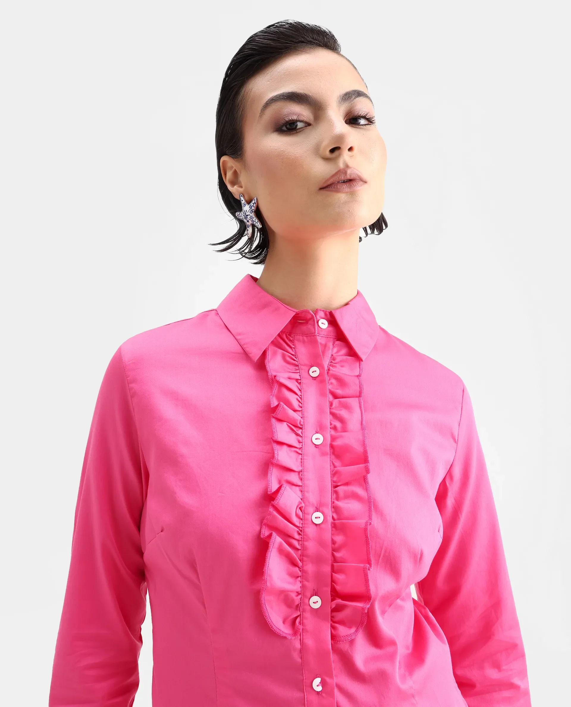 Rareism Women's Aubrey Pink Cotton Spread Collar Plain Regular Fit Top - Image 4