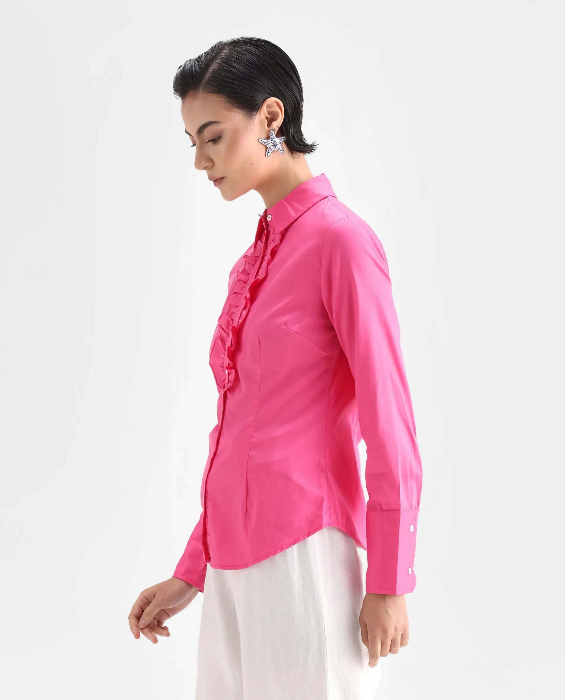 Rareism Women's Aubrey Pink Cotton Spread Collar Plain Regular Fit Top - Image 5