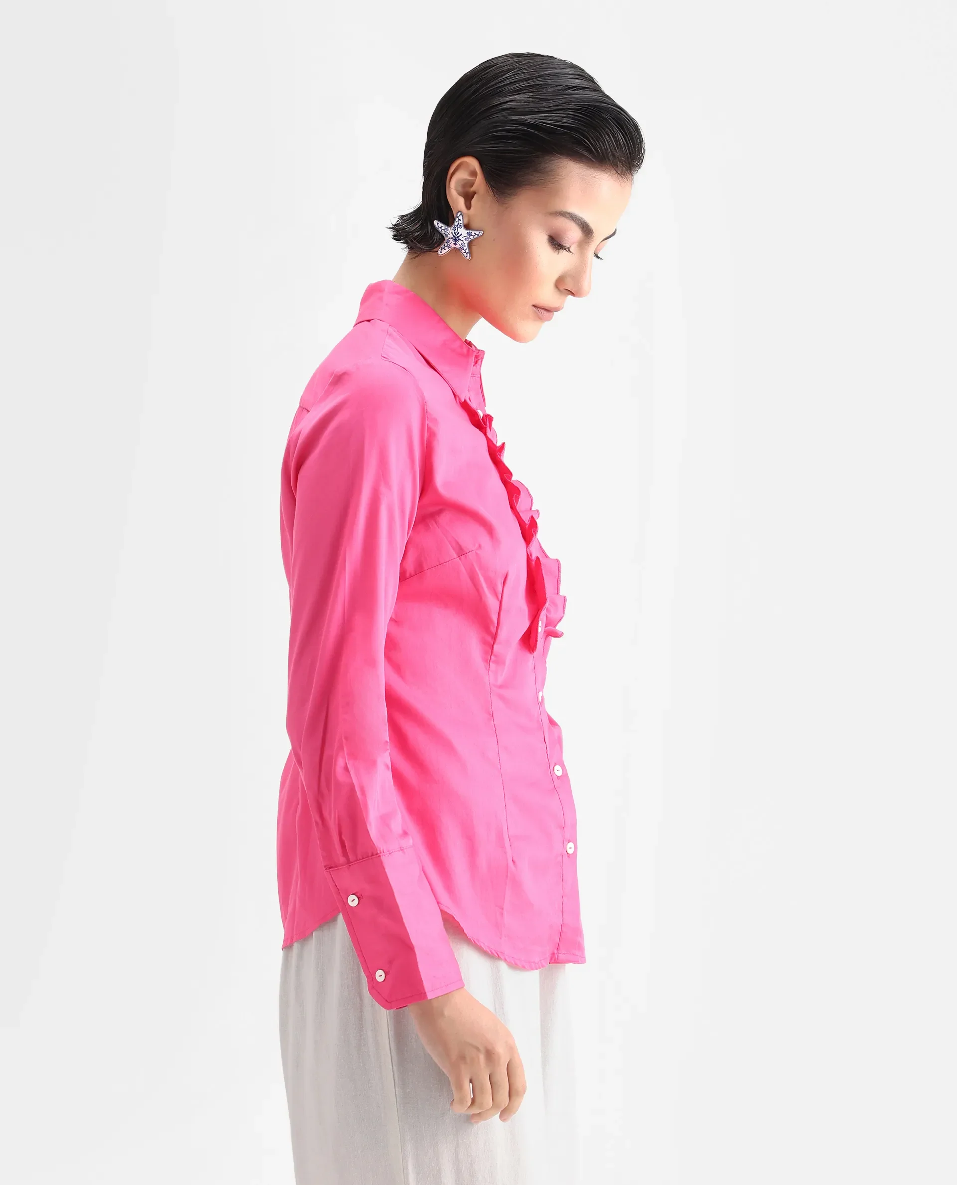 Rareism Women's Aubrey Pink Cotton Spread Collar Plain Regular Fit Top - Image 6