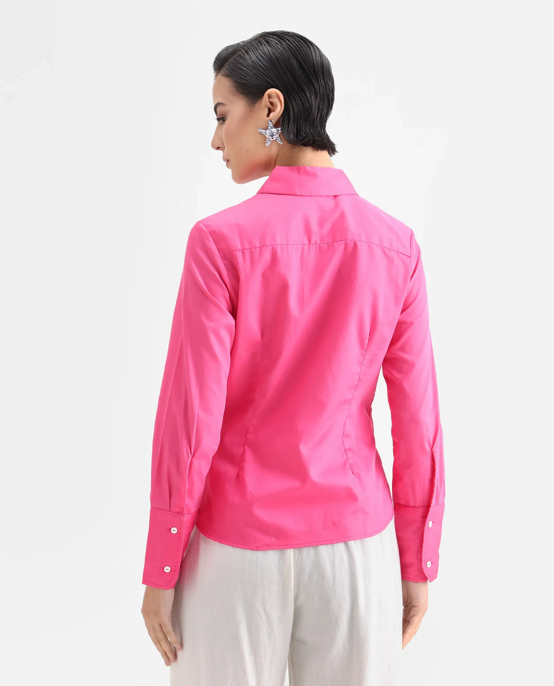 Rareism Women's Aubrey Pink Cotton Spread Collar Plain Regular Fit Top - Image 7