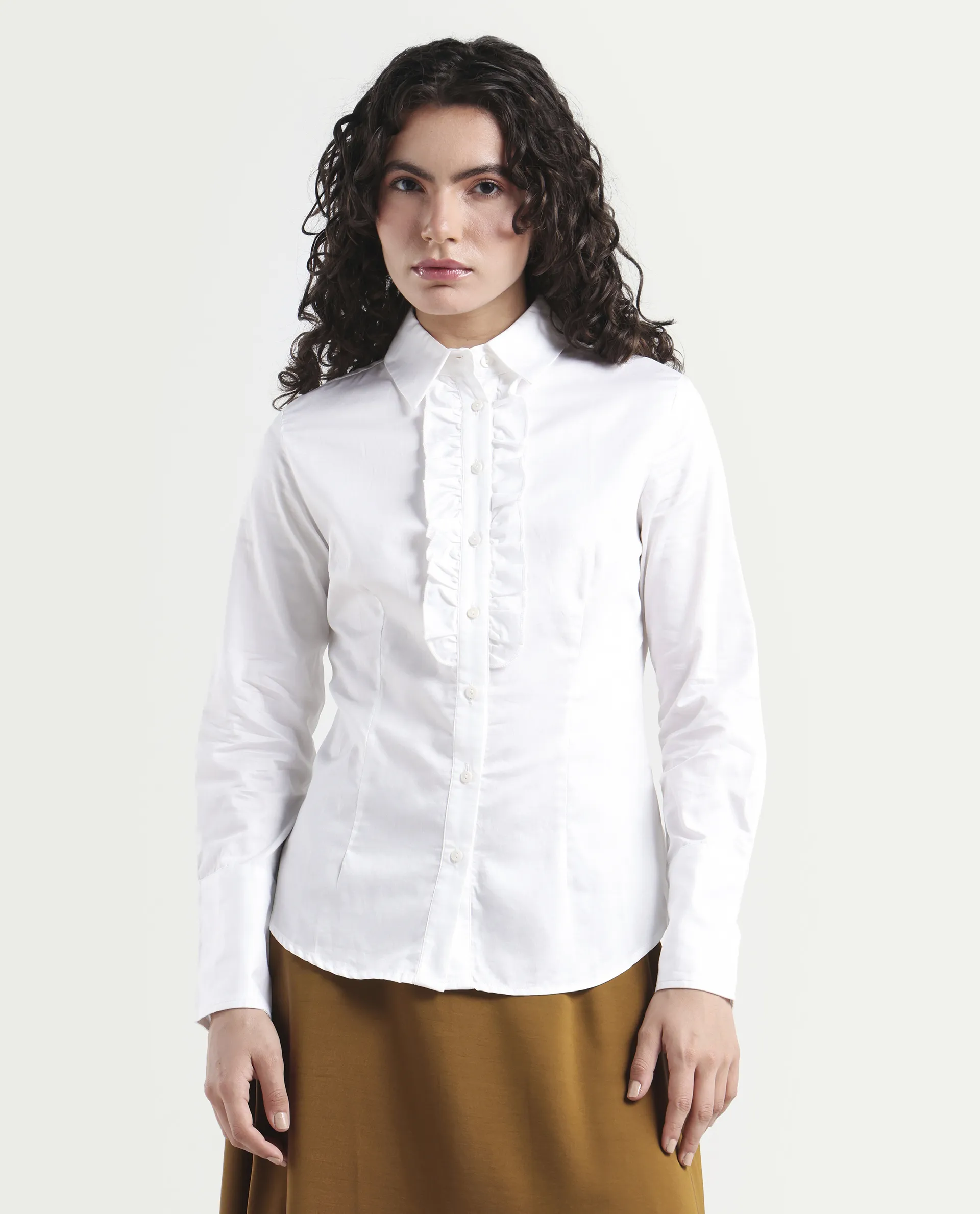 Rareism Women's Aubrey White Cotton Spread Collar Plain Regular Fit Top - Image 3
