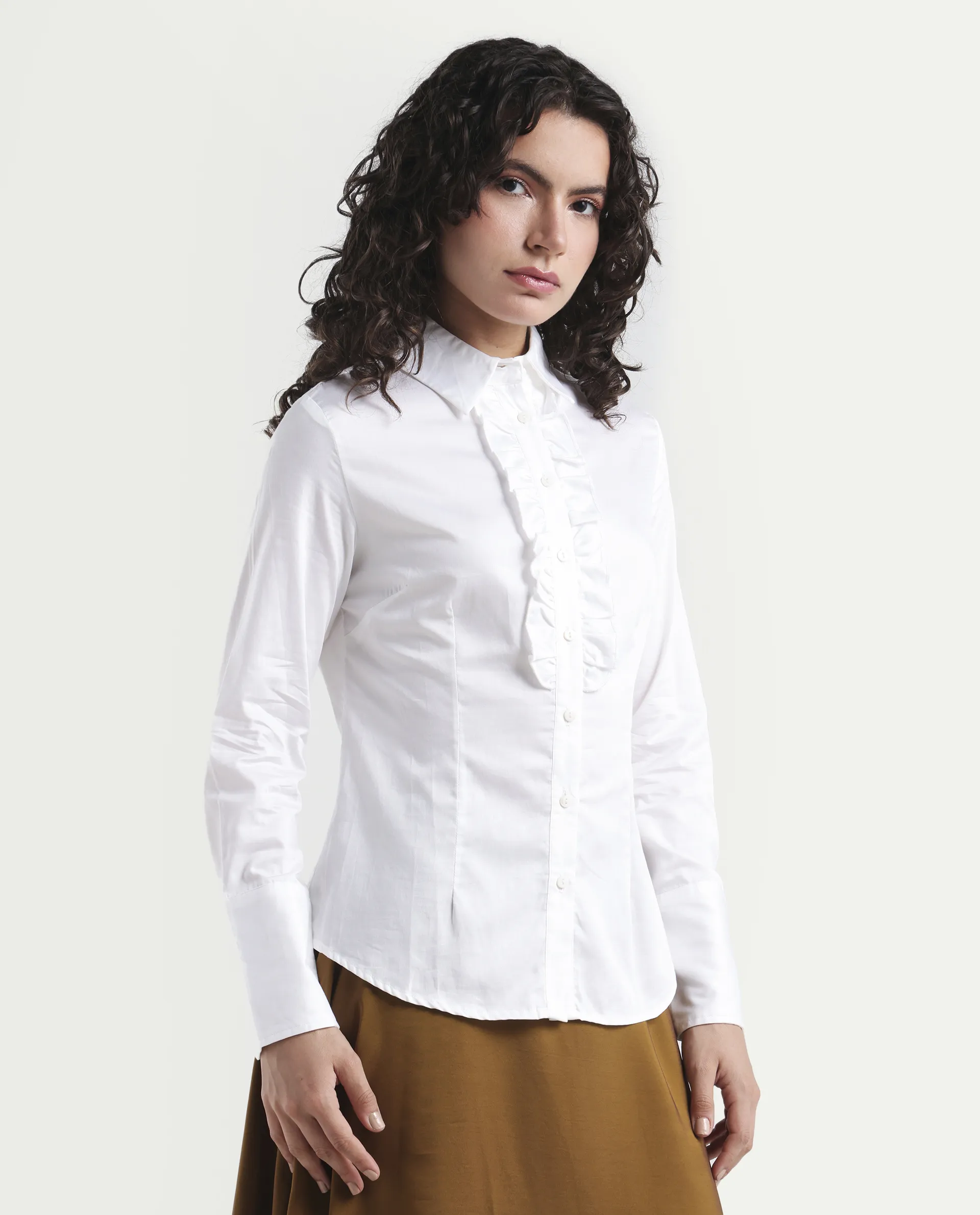 Rareism Women's Aubrey White Cotton Spread Collar Plain Regular Fit Top - Image 5