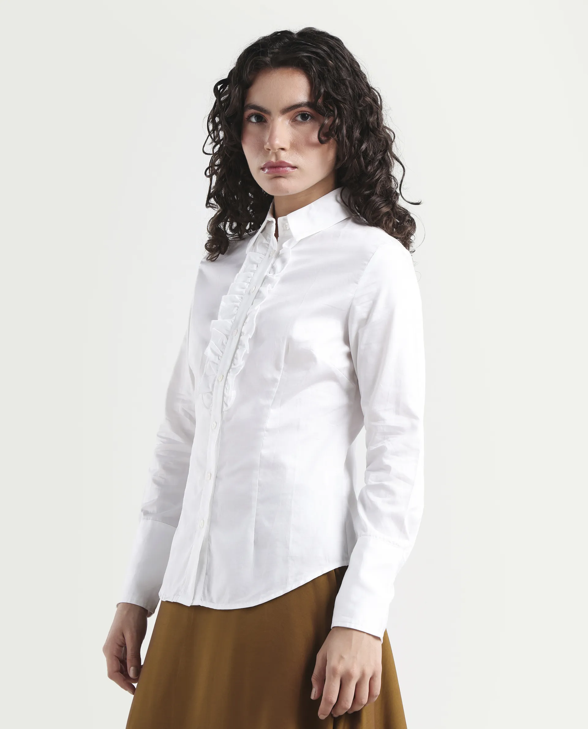 Rareism Women's Aubrey White Cotton Spread Collar Plain Regular Fit Top - Image 6