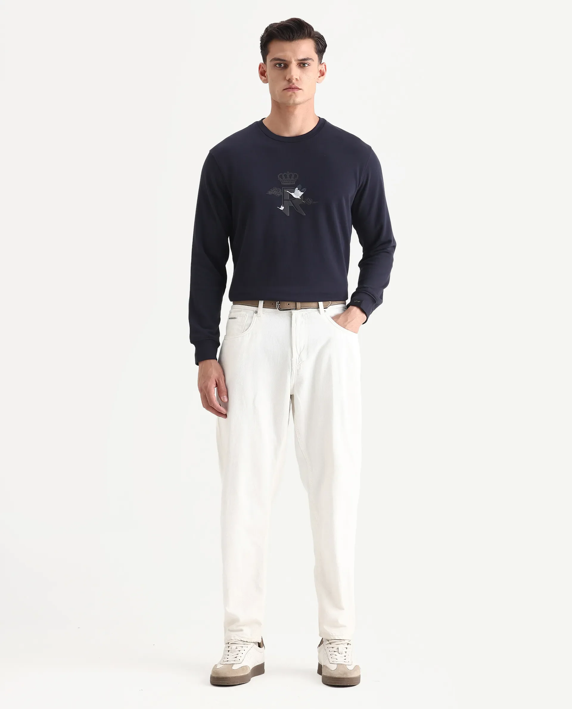 Rare Rabbit Men's August Navy Cotton Graphic Print Regular Fit Full Sleeve Crew Neck Sweatshirt - Image 2