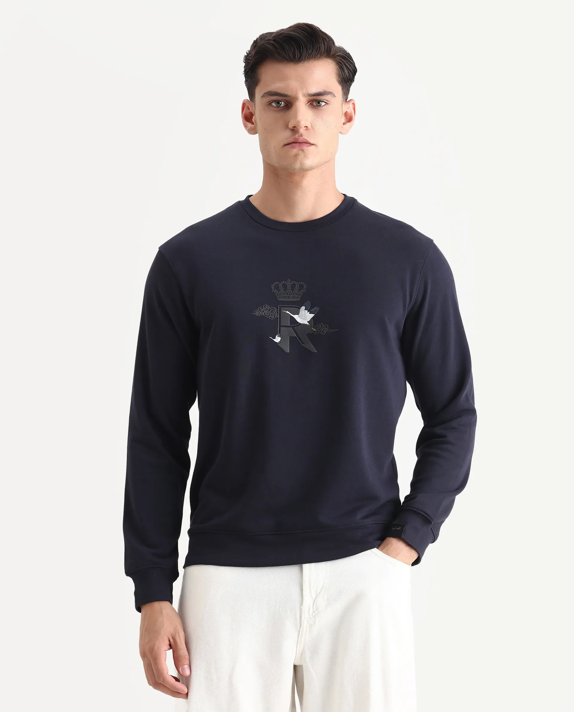 Rare Rabbit Men's August Navy Cotton Graphic Print Regular Fit Full Sleeve Crew Neck Sweatshirt - Image 4