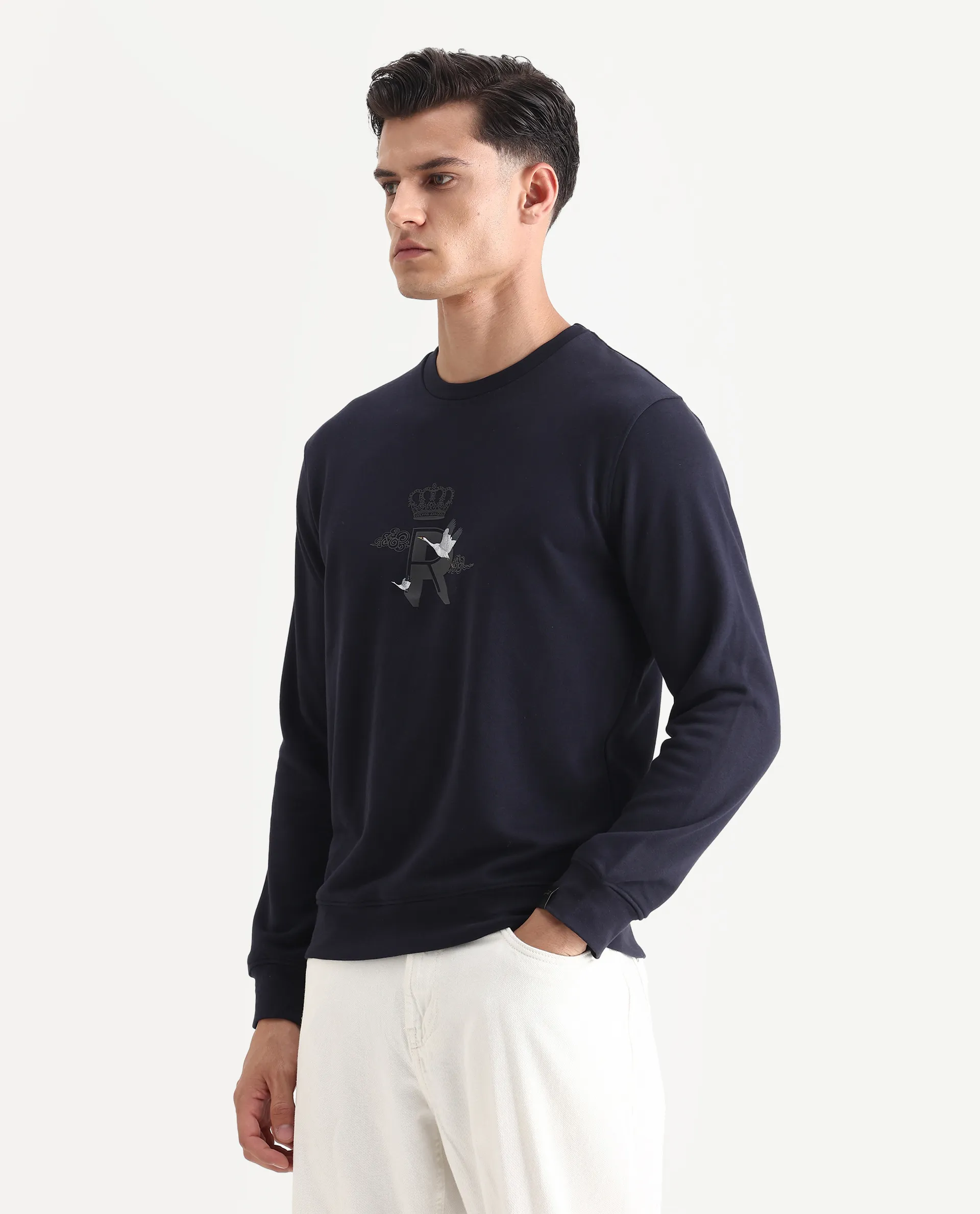Rare Rabbit Men's August Navy Cotton Graphic Print Regular Fit Full Sleeve Crew Neck Sweatshirt - Image 5