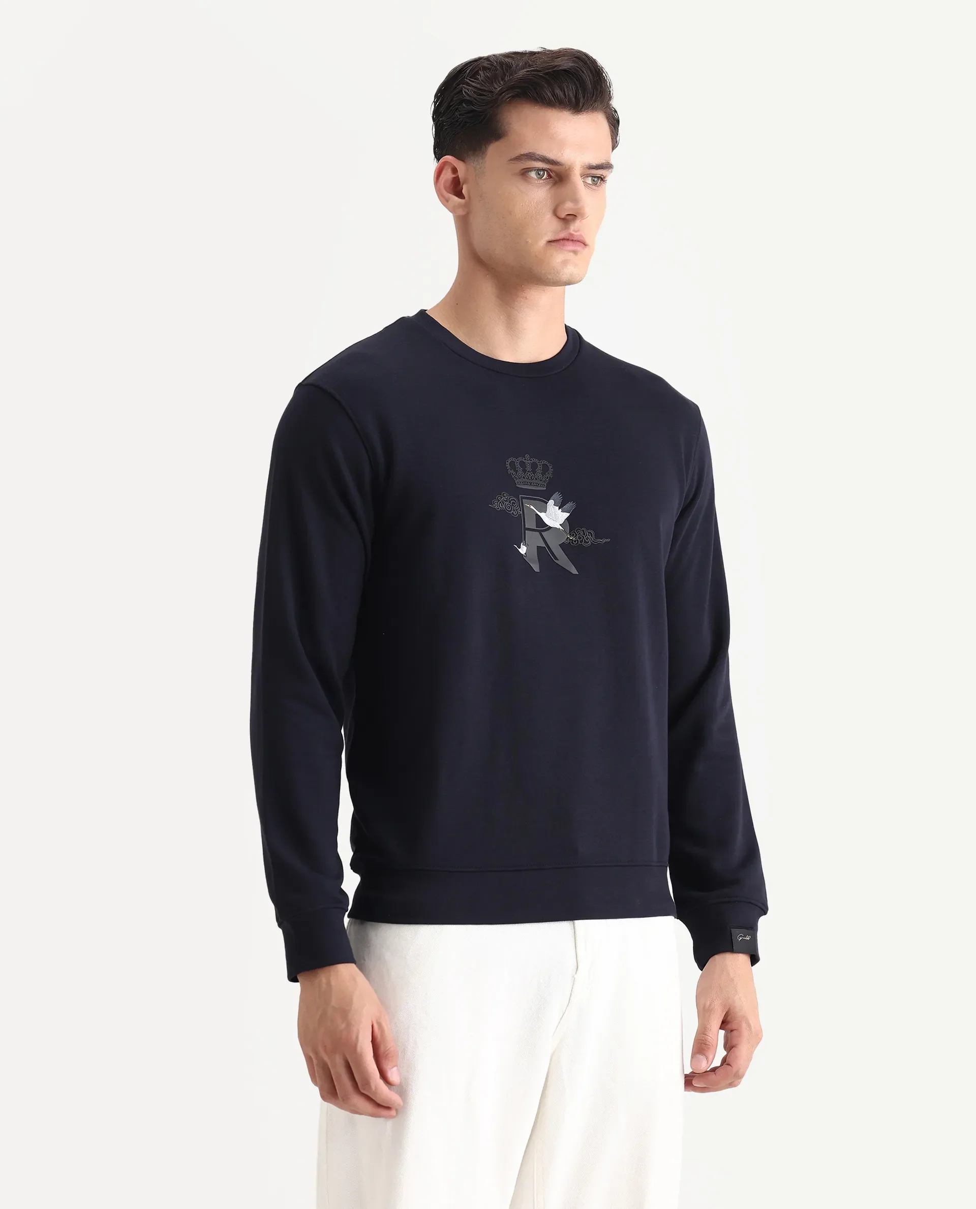 Rare Rabbit Men's August Navy Cotton Graphic Print Regular Fit Full Sleeve Crew Neck Sweatshirt - Image 6