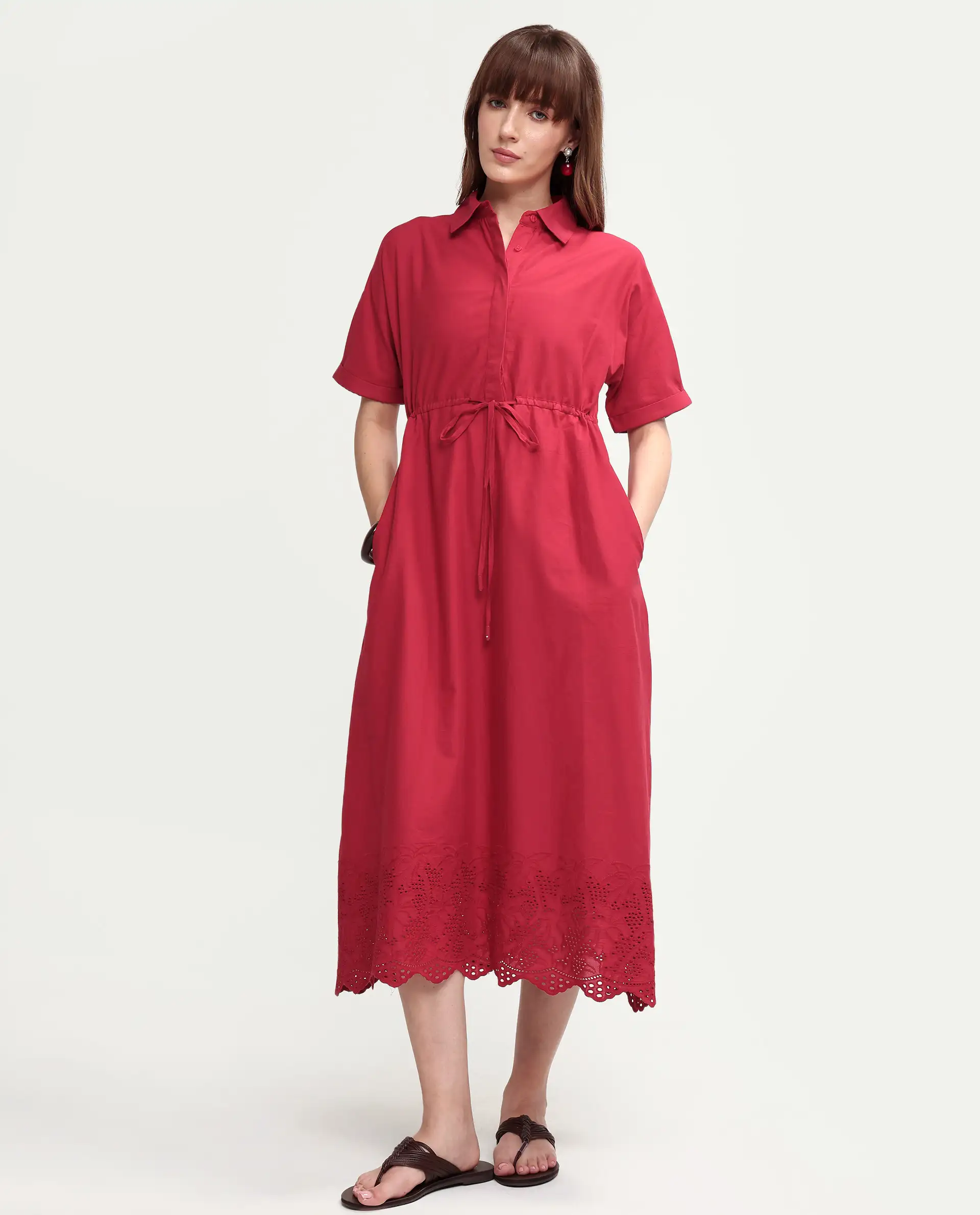 Rareism Women's Aunia Red Polyester Half Sleeve Flared Plain Dress - Image 2