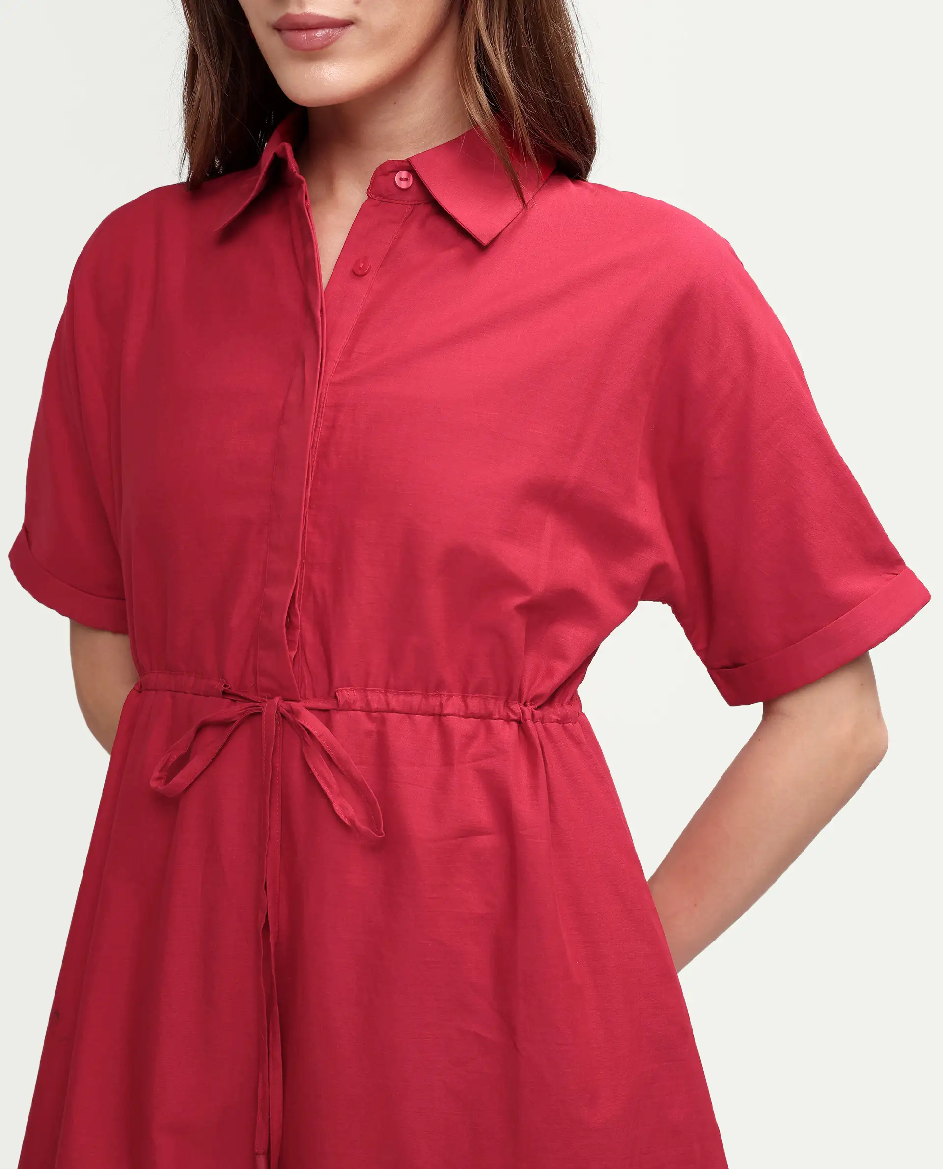 Rareism Women's Aunia Red Polyester Half Sleeve Flared Plain Dress - Image 3