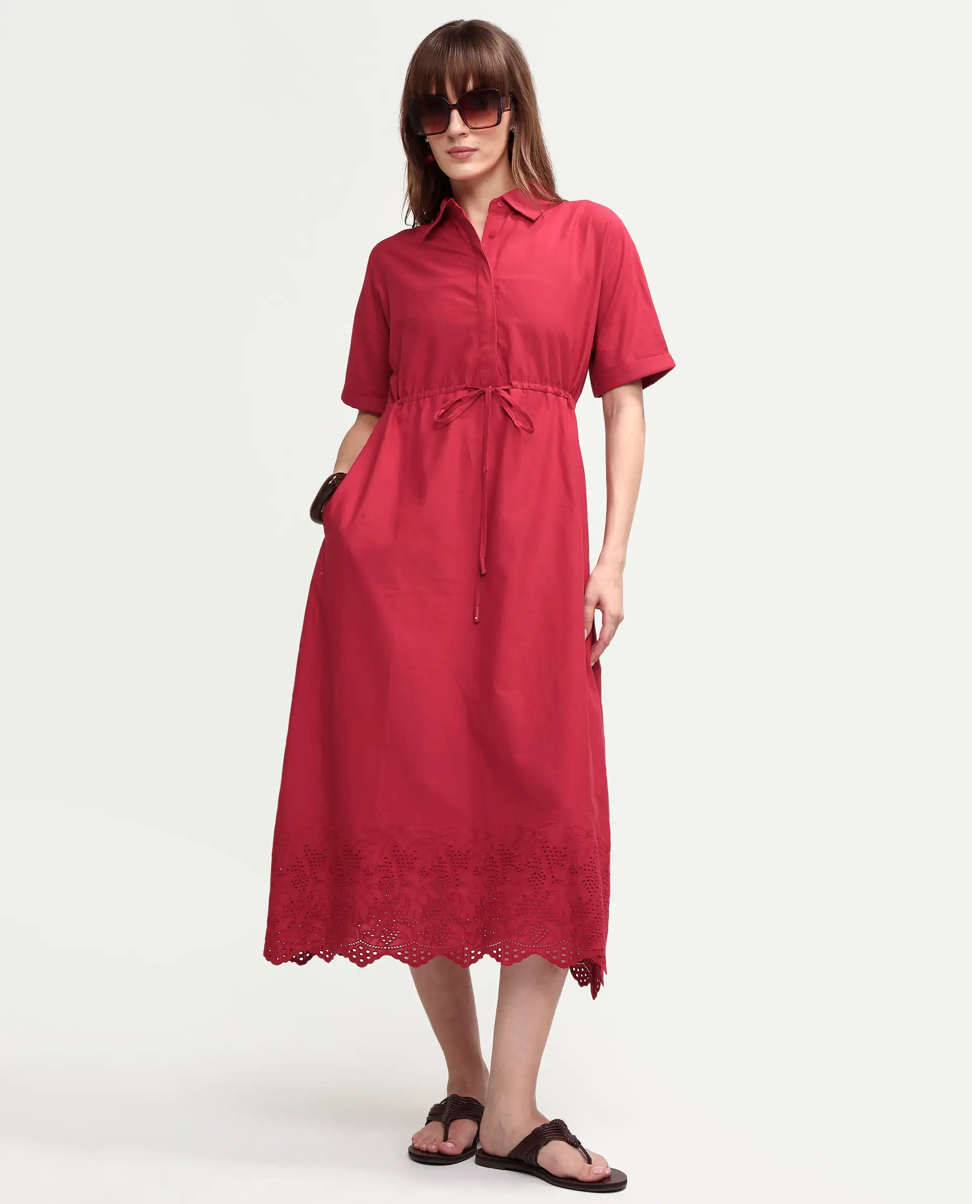 Rareism Women's Aunia Red Polyester Half Sleeve Flared Plain Dress - Image 4