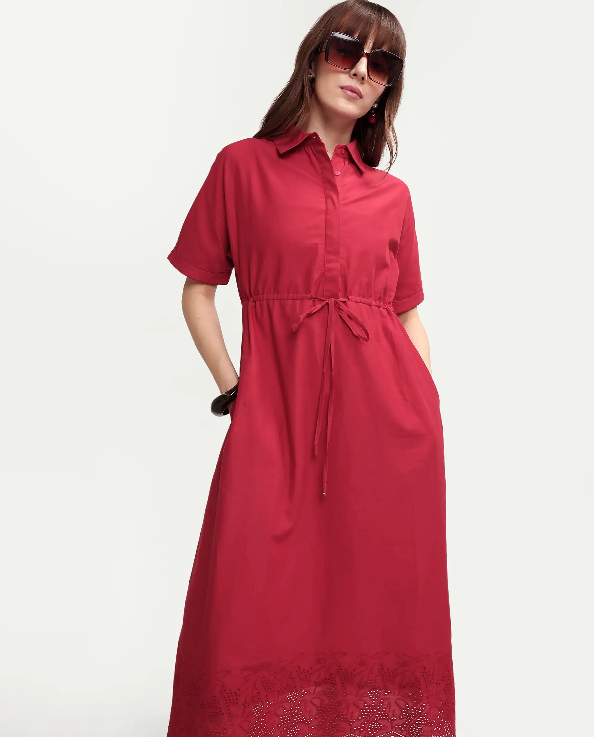 Rareism Women's Aunia Red Polyester Half Sleeve Flared Plain Dress - Image 5