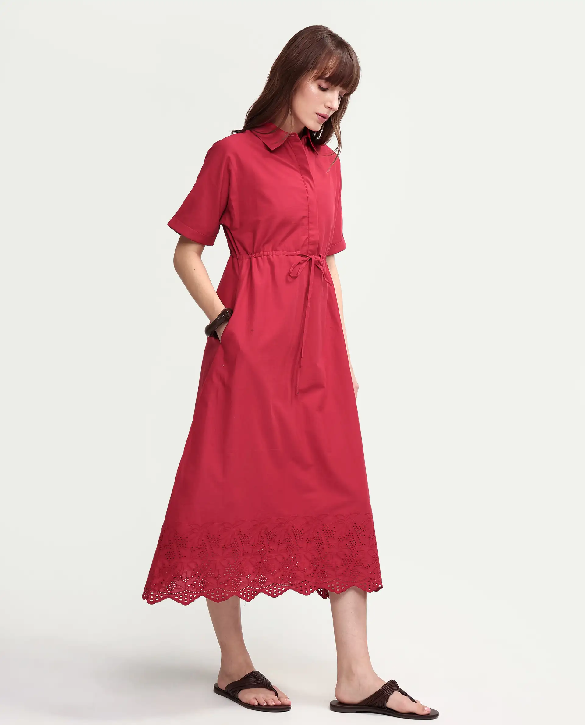 Rareism Women's Aunia Red Polyester Half Sleeve Flared Plain Dress - Image 6