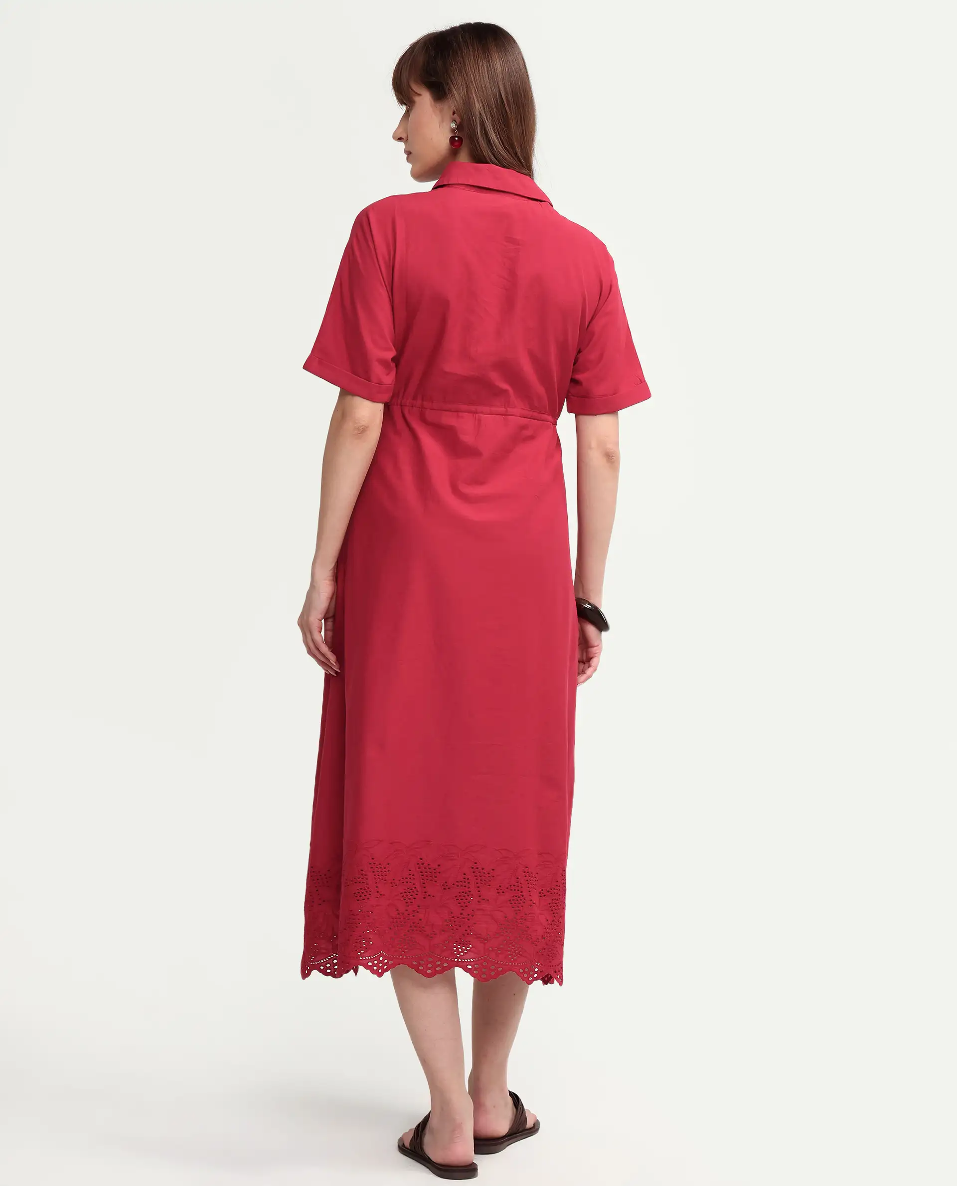 Rareism Women's Aunia Red Polyester Half Sleeve Flared Plain Dress - Image 7