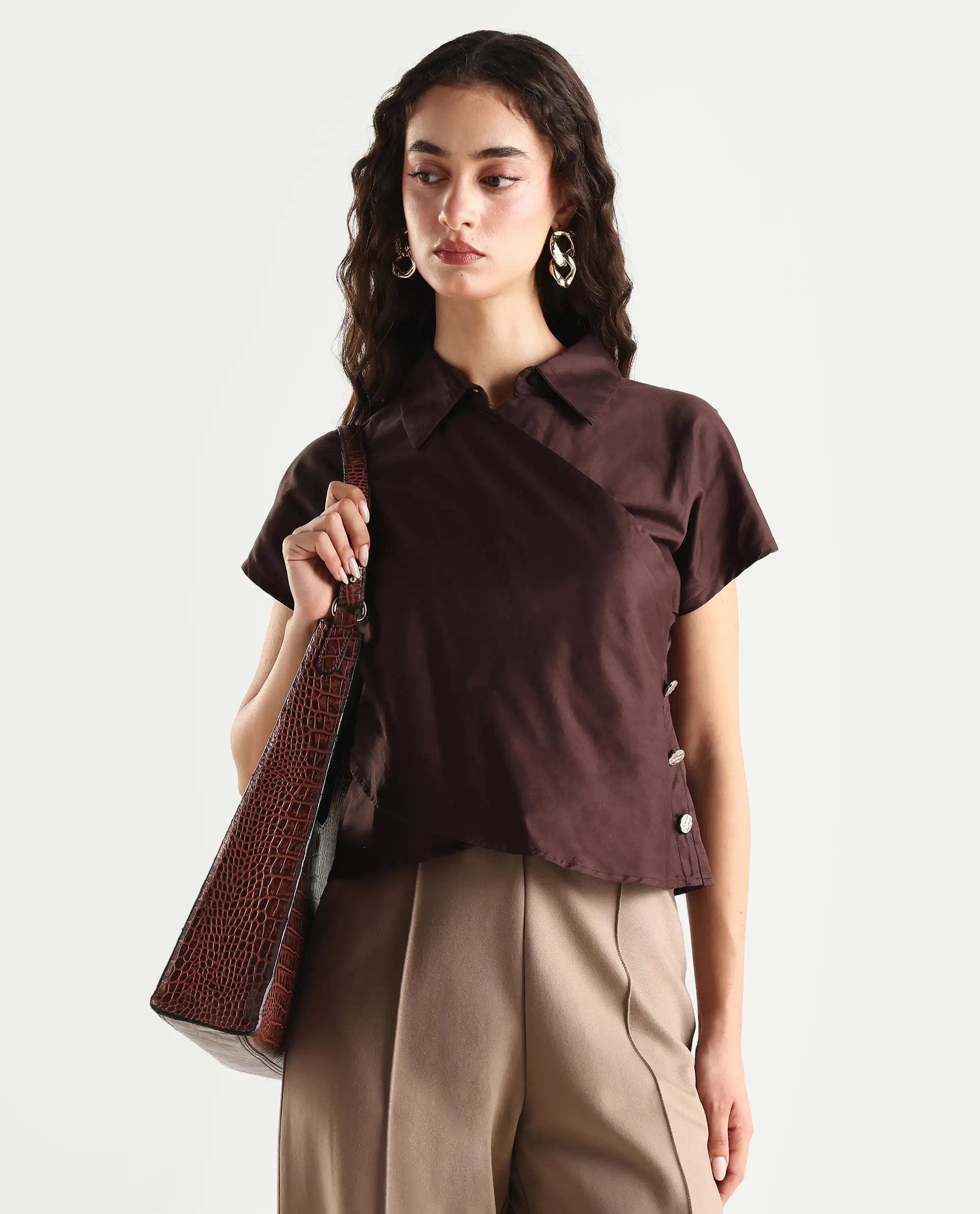 Rareism Women's Aurelia Brown Cotton Blend Drop Collar Plain Extended Sleeves Regular Fit Top