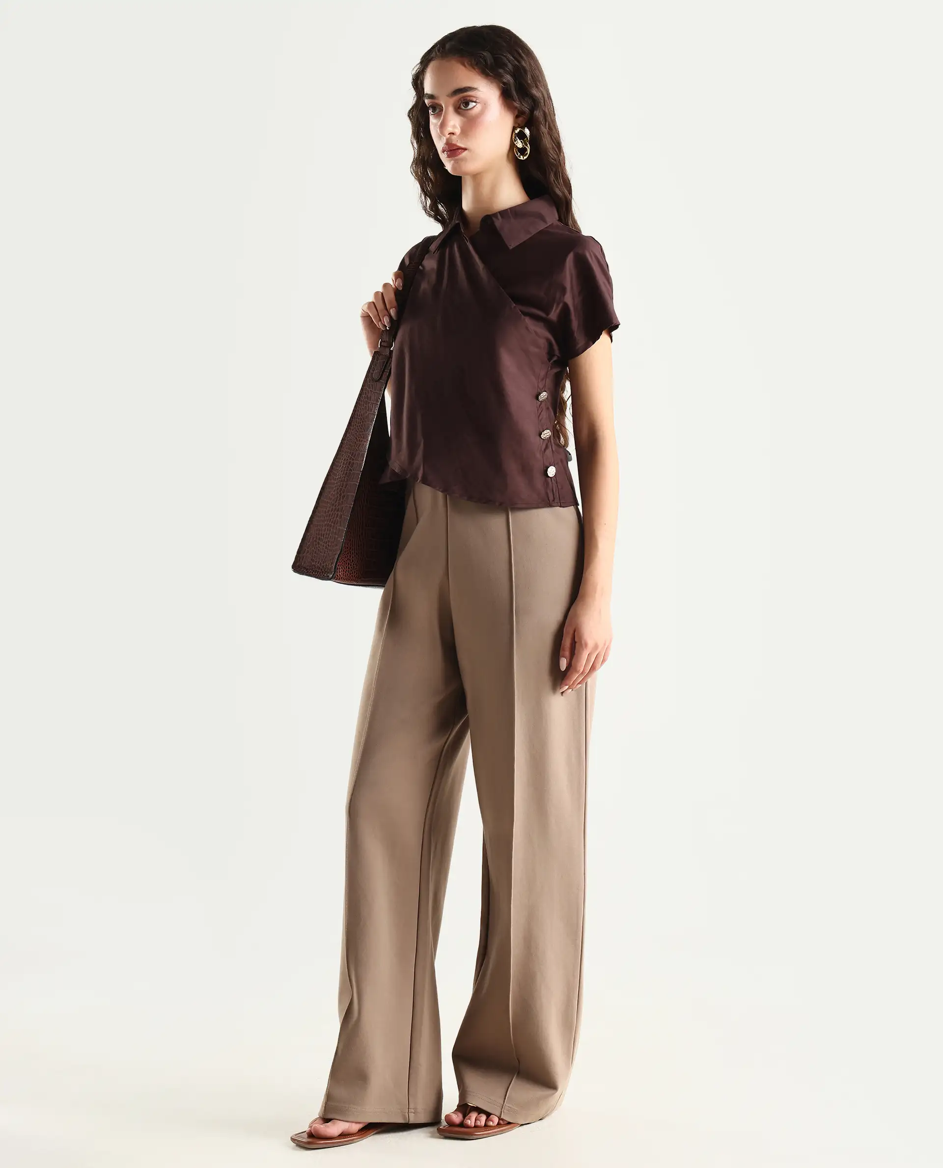 Rareism Women's Aurelia Brown Cotton Blend Drop Collar Plain Extended Sleeves Regular Fit Top - Image 2
