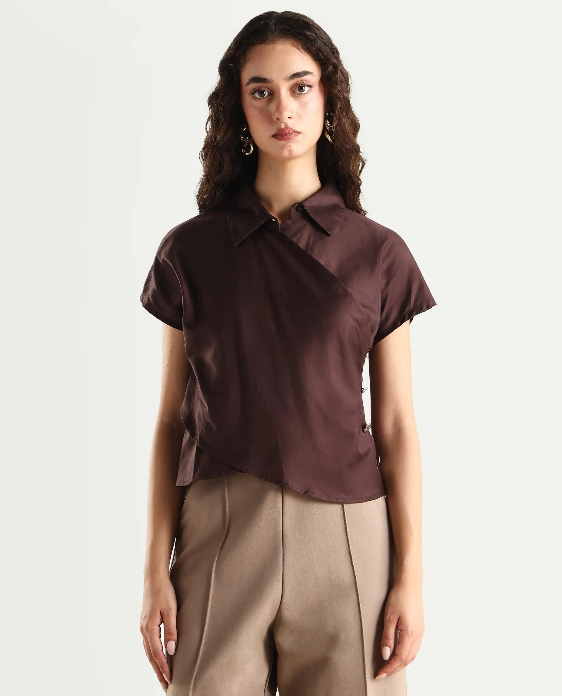 Rareism Women's Aurelia Brown Cotton Blend Drop Collar Plain Extended Sleeves Regular Fit Top - Image 3