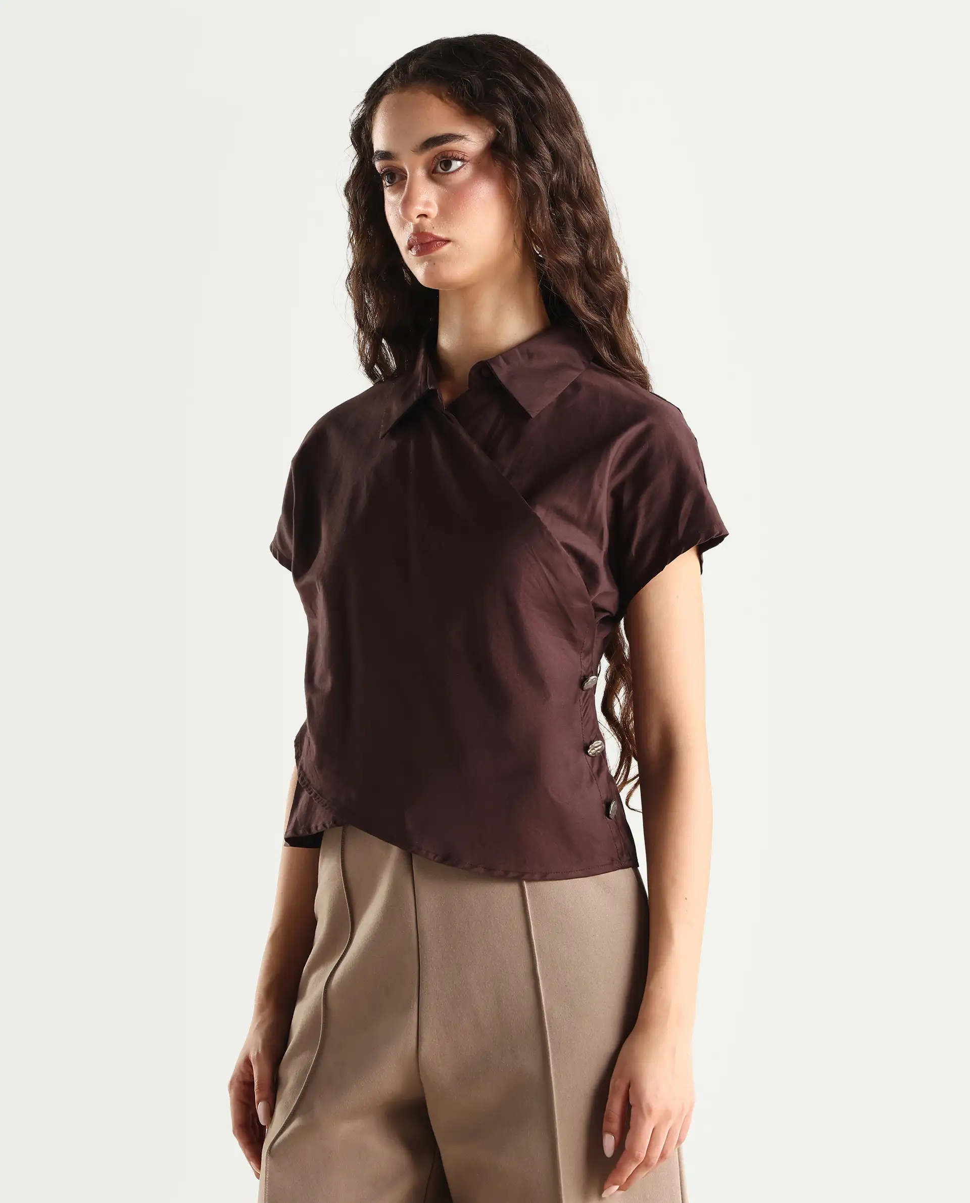 Rareism Women's Aurelia Brown Cotton Blend Drop Collar Plain Extended Sleeves Regular Fit Top - Image 5