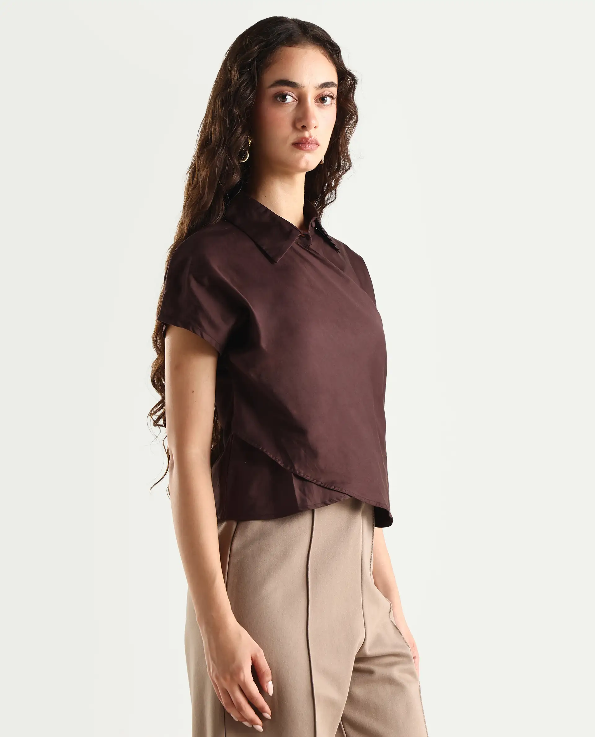 Rareism Women's Aurelia Brown Cotton Blend Drop Collar Plain Extended Sleeves Regular Fit Top - Image 6