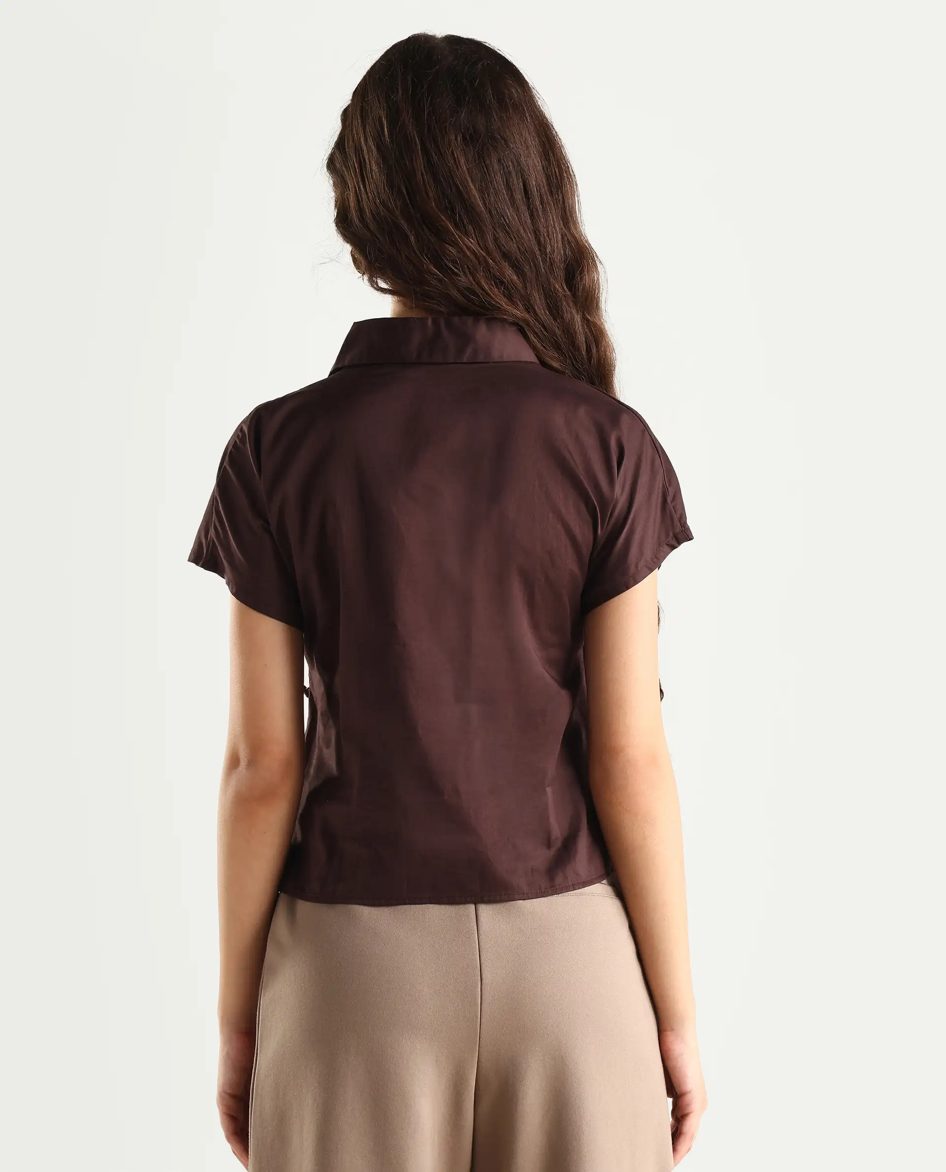 Rareism Women's Aurelia Brown Cotton Blend Drop Collar Plain Extended Sleeves Regular Fit Top - Image 7