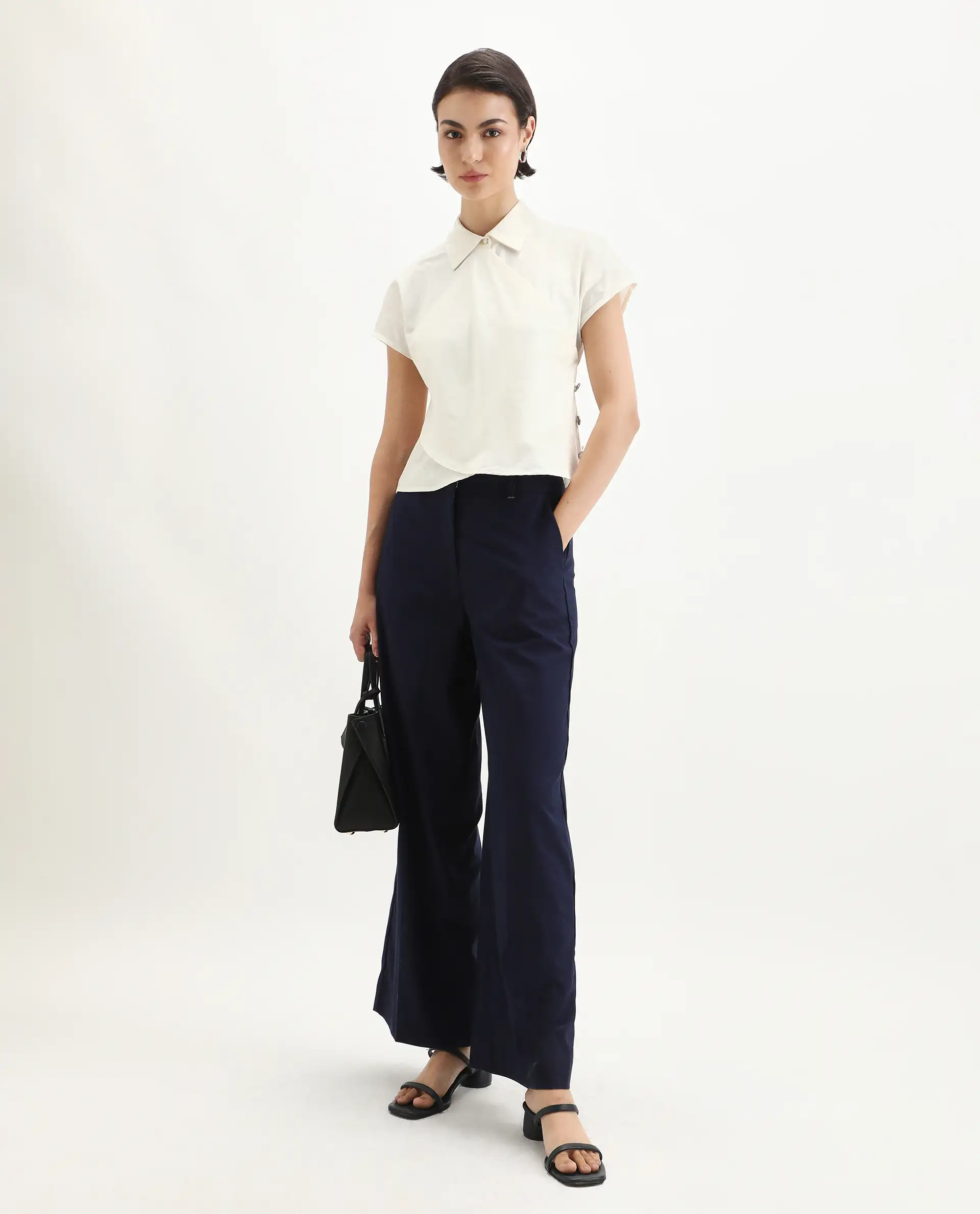 Rareism Women's Aurelia Off White Cotton Blend Drop Collar Plain Extended Sleeves Regular Fit Top - Image 2