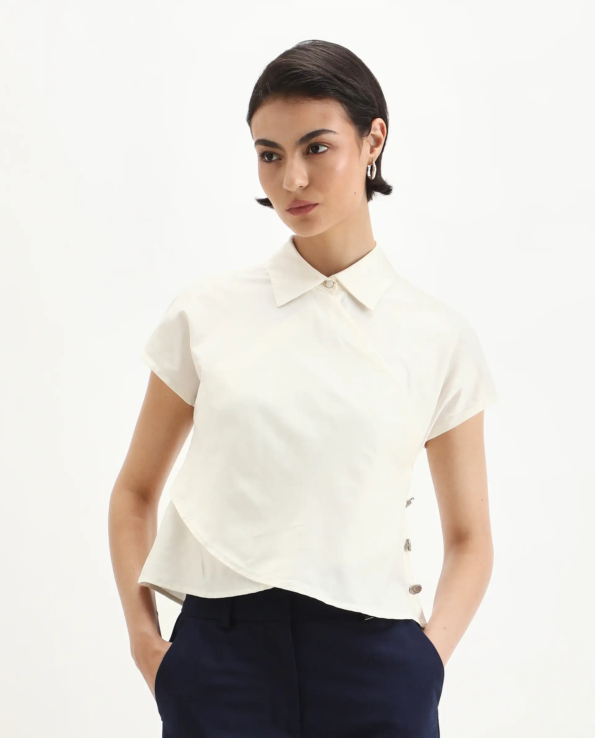 Rareism Women's Aurelia Off White Cotton Blend Drop Collar Plain Extended Sleeves Regular Fit Top - Image 3