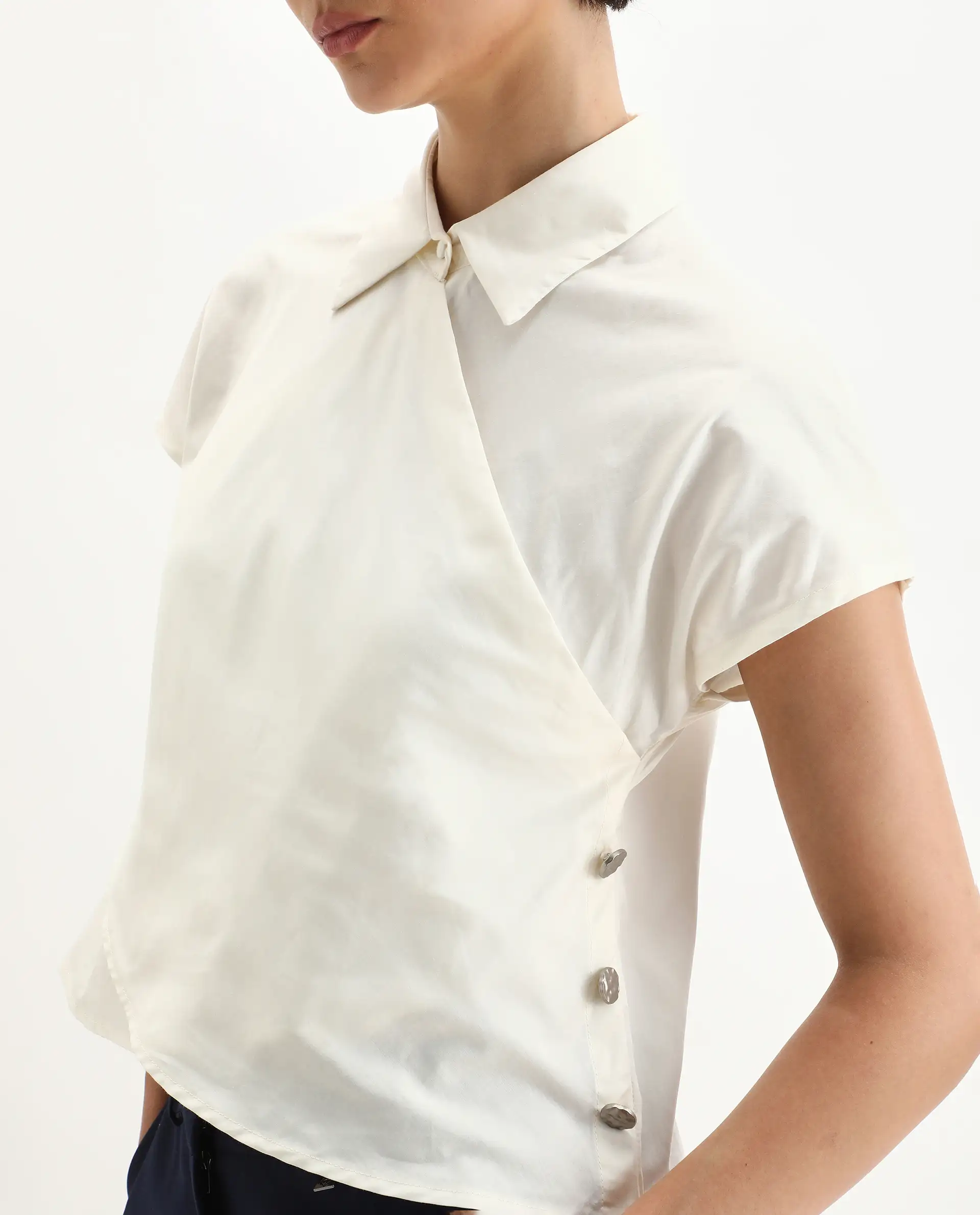 Rareism Women's Aurelia Off White Cotton Blend Drop Collar Plain Extended Sleeves Regular Fit Top - Image 4