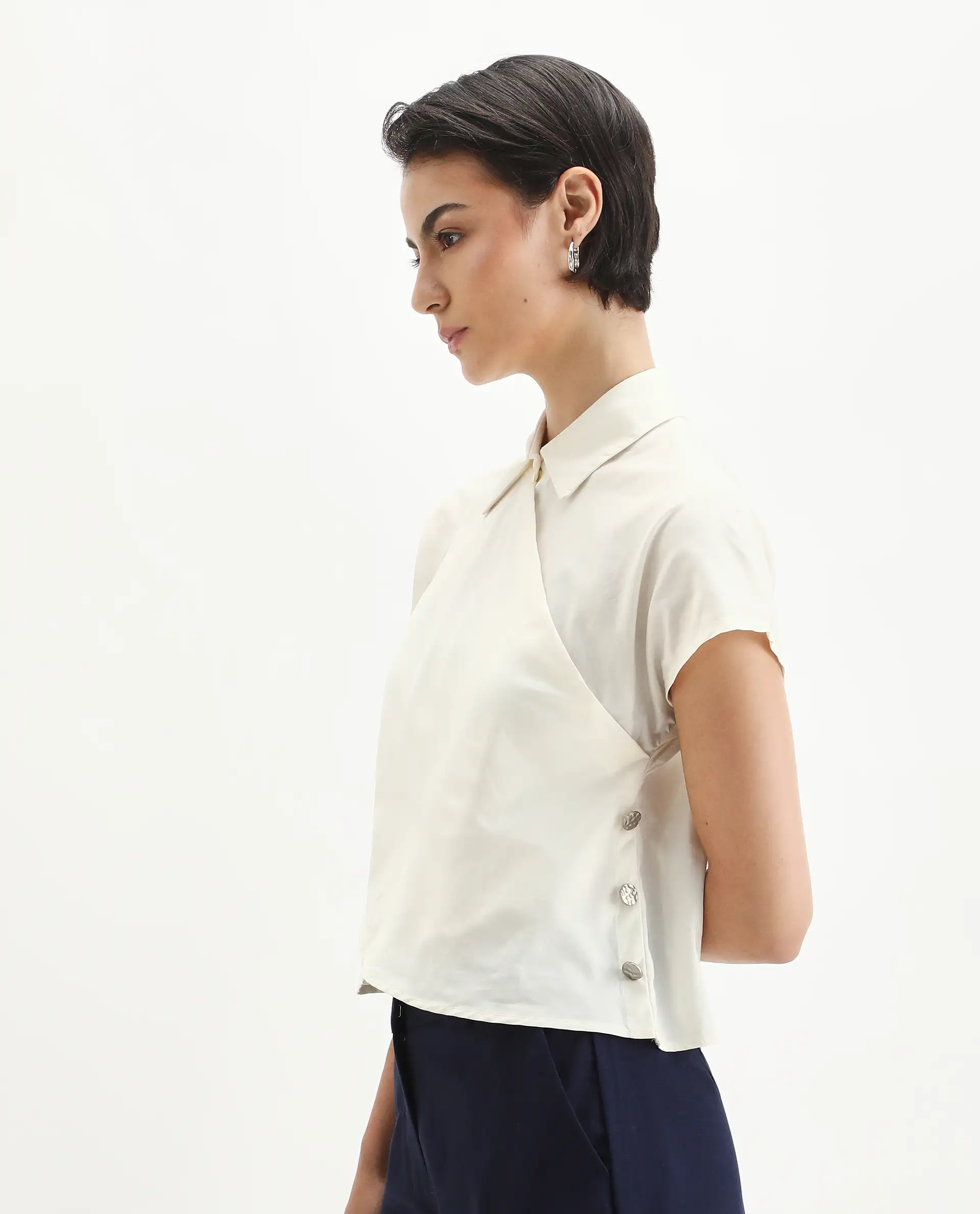 Rareism Women's Aurelia Off White Cotton Blend Drop Collar Plain Extended Sleeves Regular Fit Top - Image 5