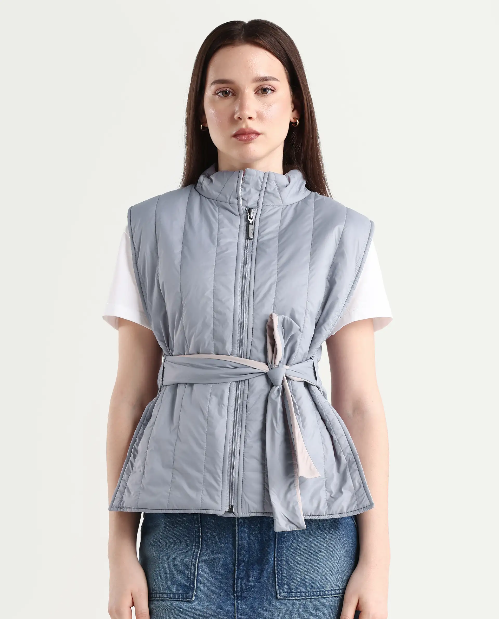 Rareism Women's Aurora Beige Polyester High Neck Plain Sleeveless Regular Fit Jacket - Image 3