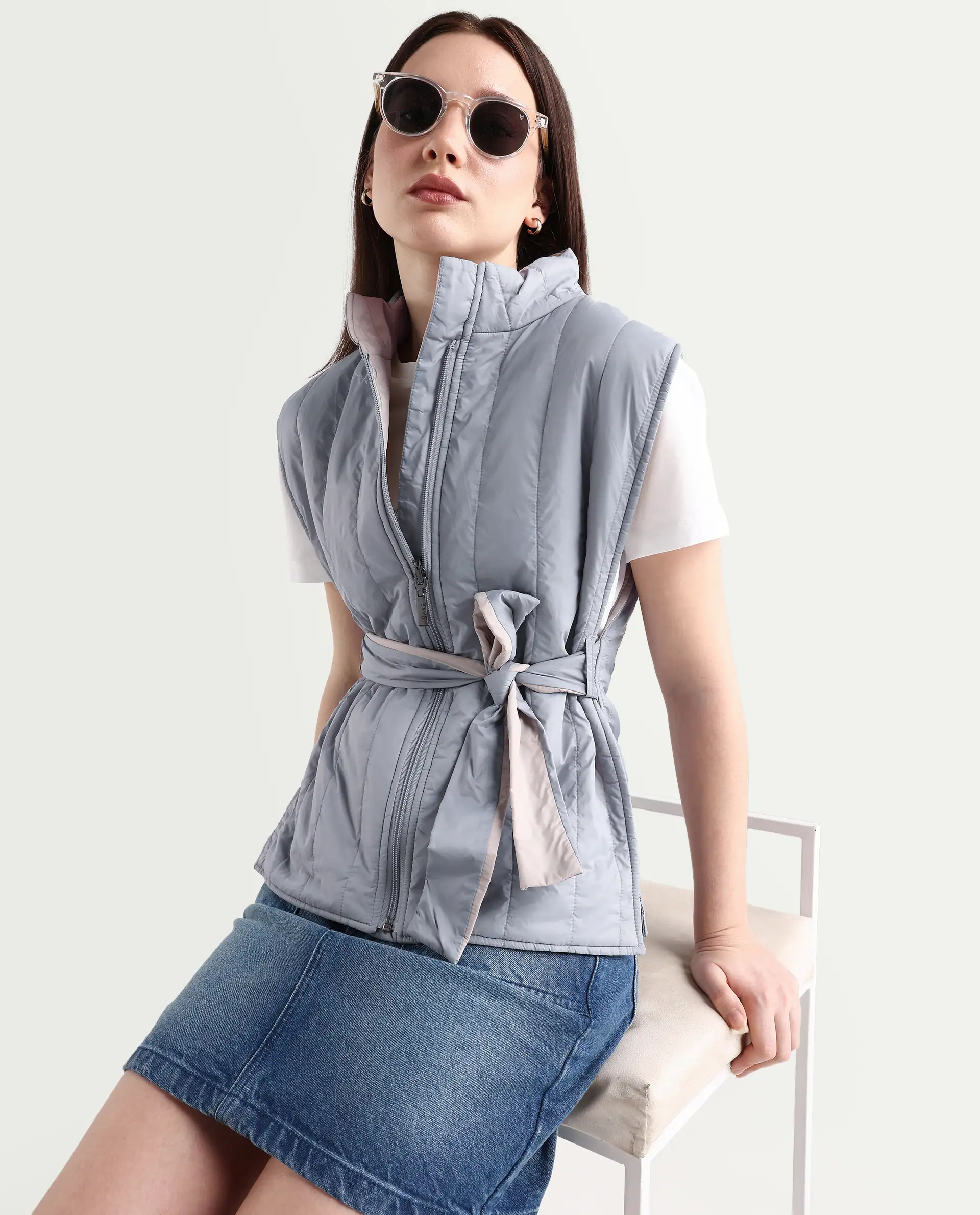 Rareism Women's Aurora Beige Polyester High Neck Plain Sleeveless Regular Fit Jacket - Image 5