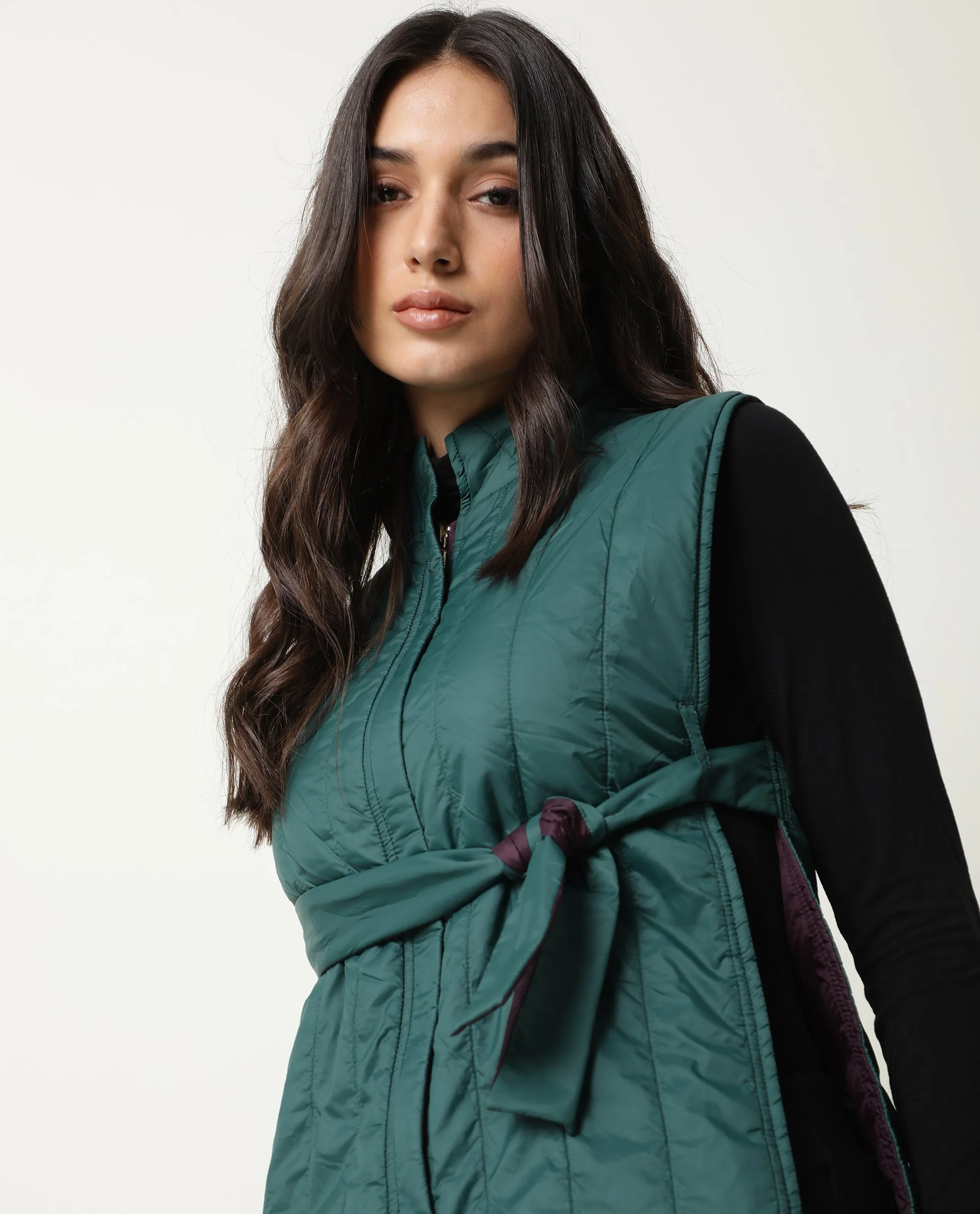 Rareism Women's Aurora Green Polyester High Neck Plain Sleeveless Regular Fit Jacket - Image 10