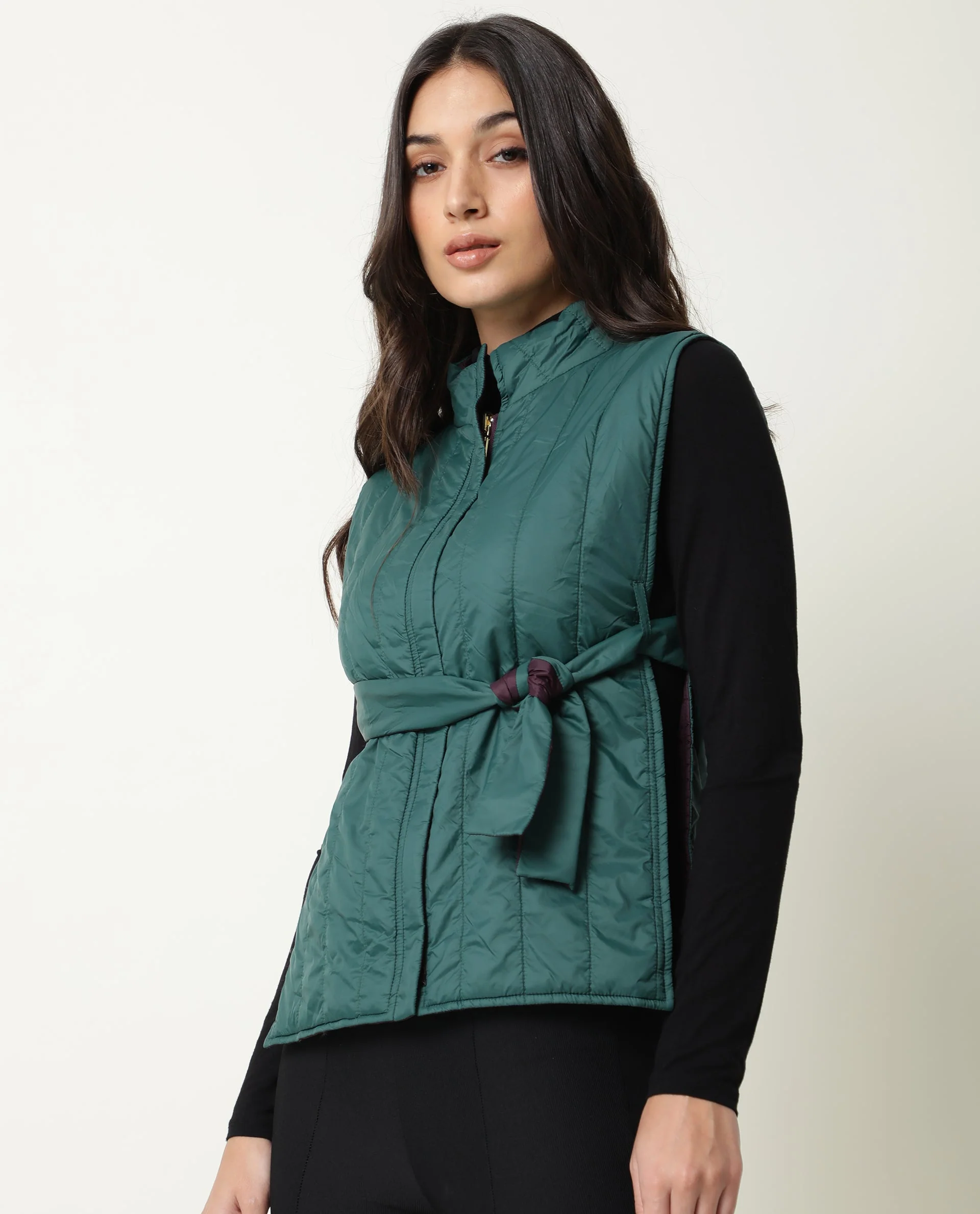 Rareism Women's Aurora Green Polyester High Neck Plain Sleeveless Regular Fit Jacket - Image 2