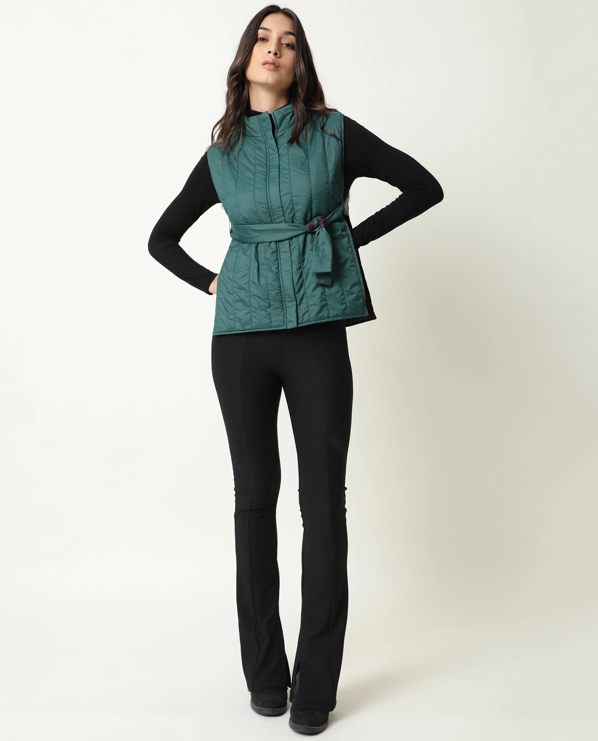 Rareism Women's Aurora Green Polyester High Neck Plain Sleeveless Regular Fit Jacket - Image 4