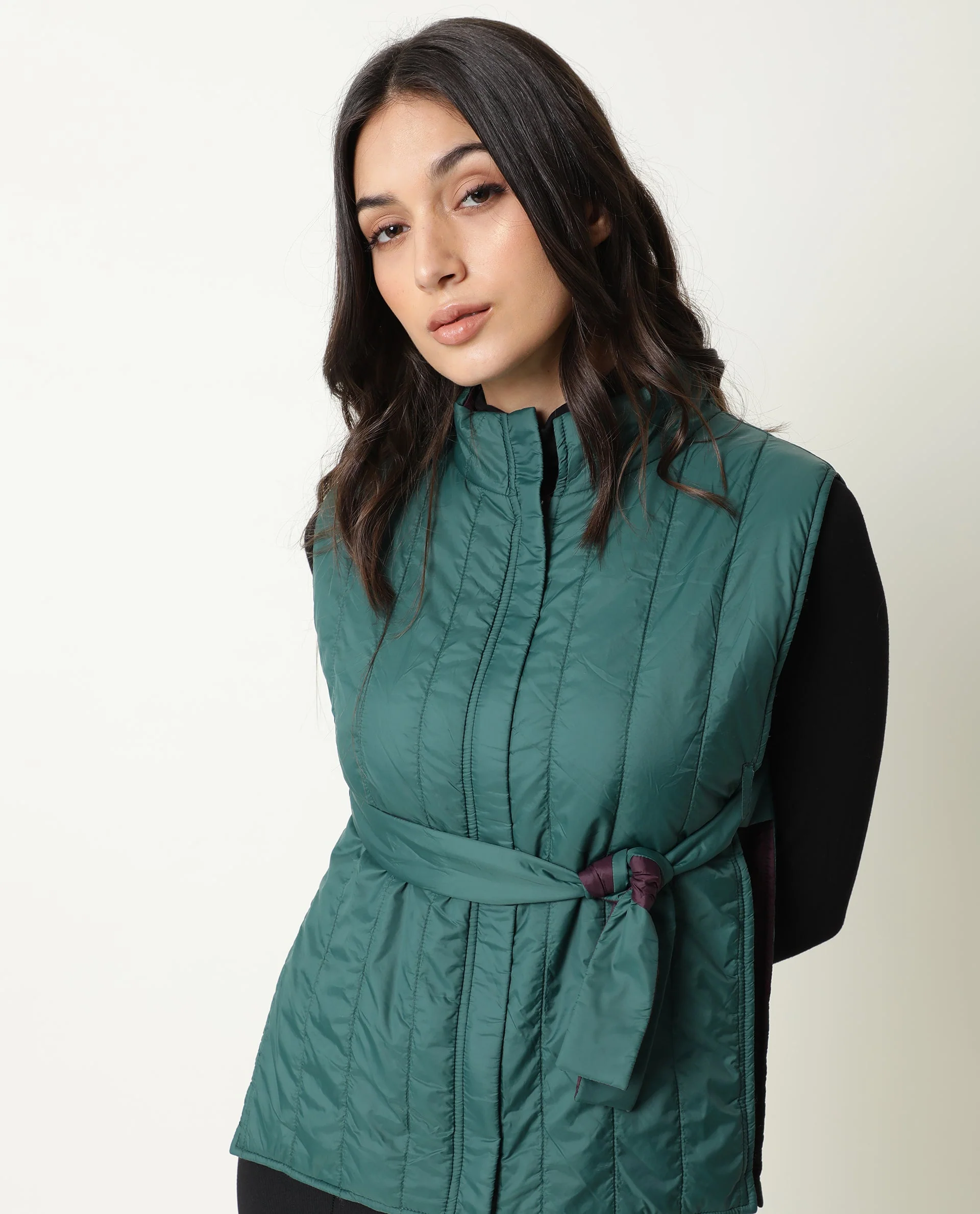 Rareism Women's Aurora Green Polyester High Neck Plain Sleeveless Regular Fit Jacket - Image 5