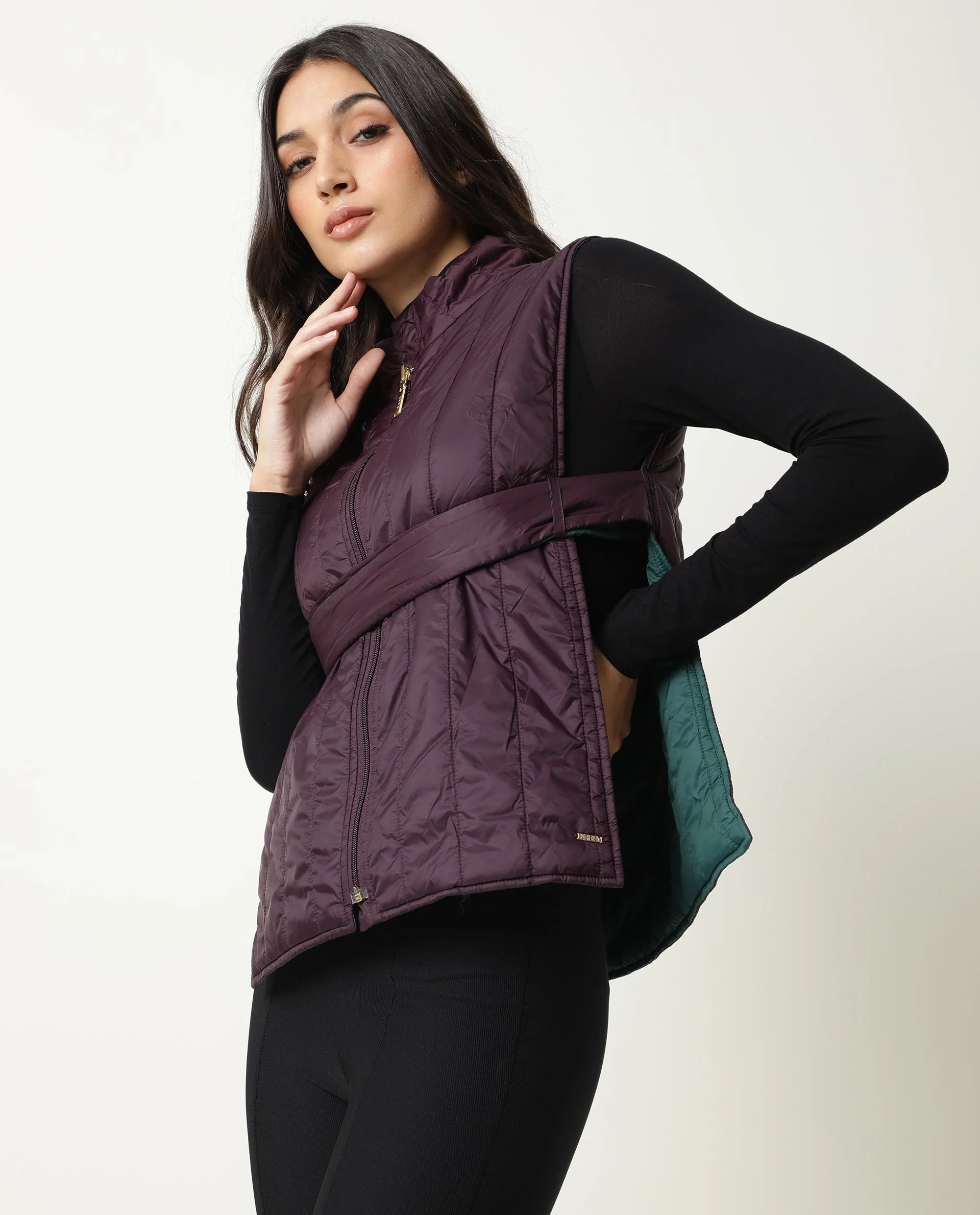 Rareism Women's Aurora Green Polyester High Neck Plain Sleeveless Regular Fit Jacket - Image 6
