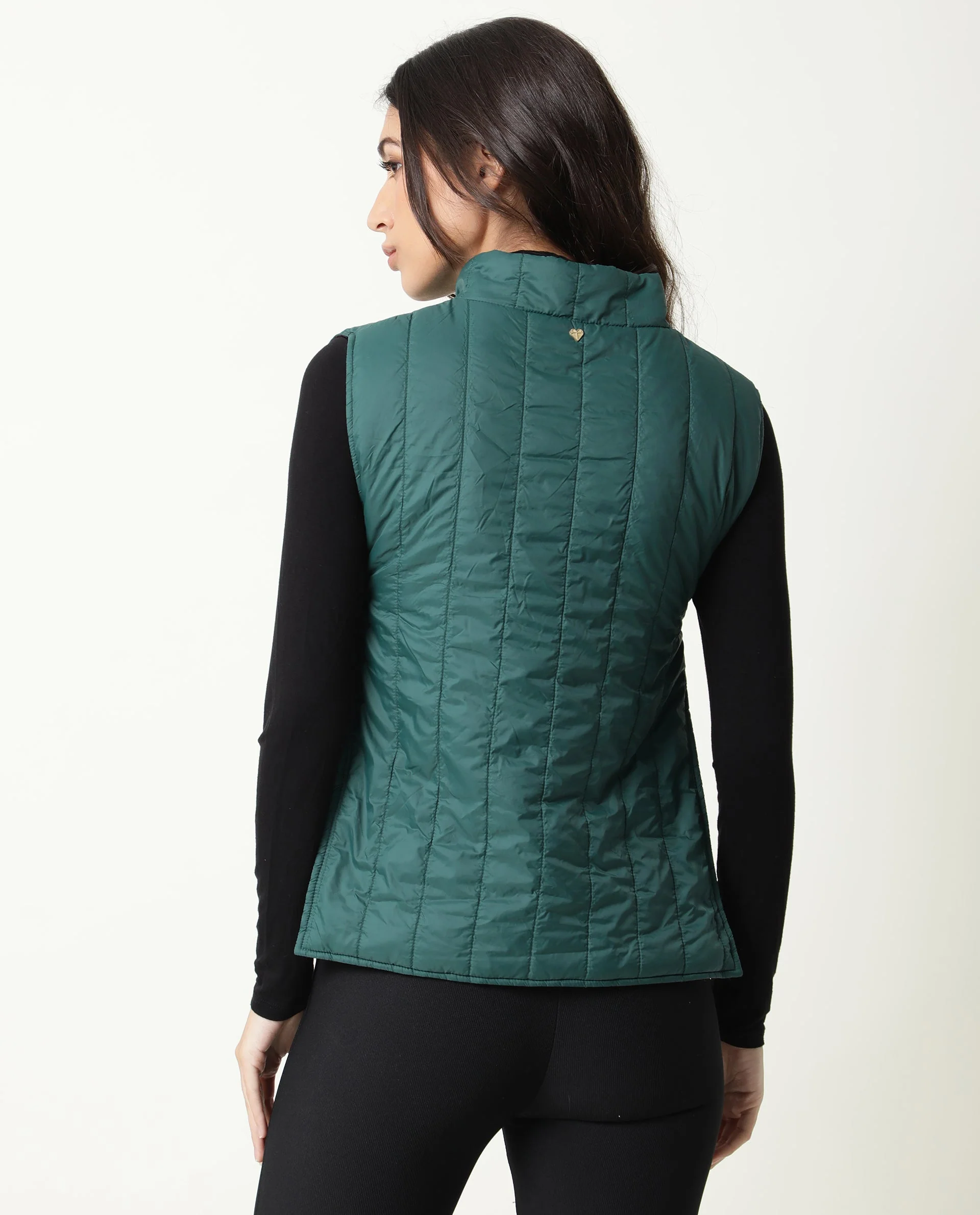Rareism Women's Aurora Green Polyester High Neck Plain Sleeveless Regular Fit Jacket - Image 7
