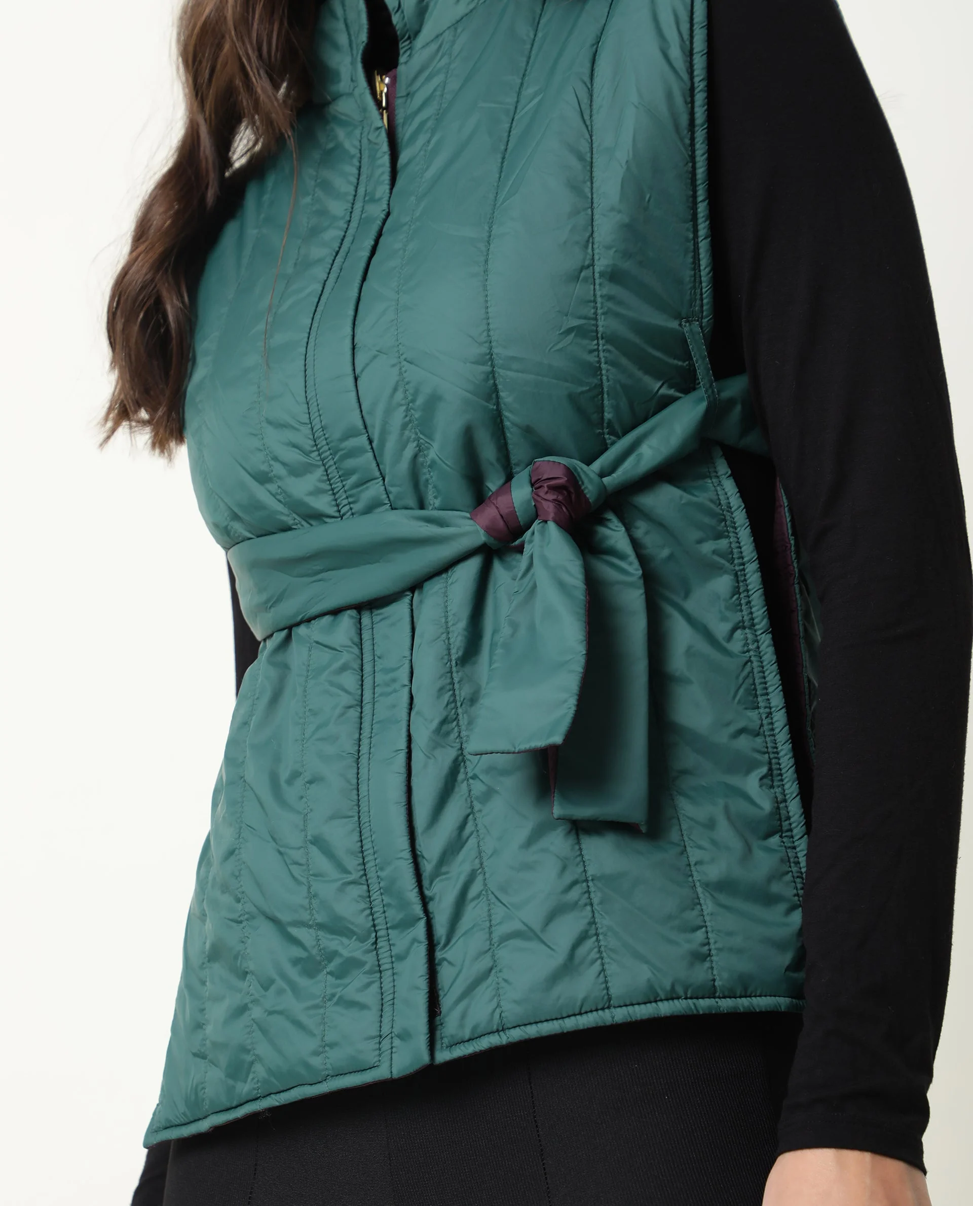Rareism Women's Aurora Green Polyester High Neck Plain Sleeveless Regular Fit Jacket - Image 9