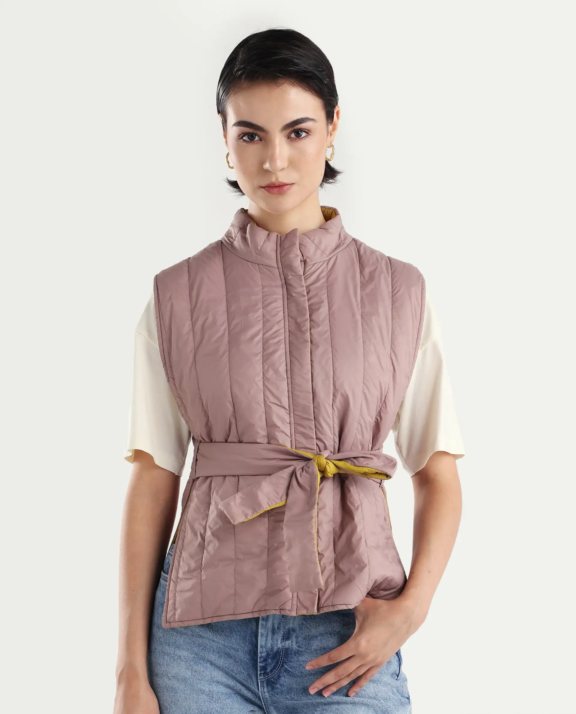 Rareism Women's Aurora Pink Polyester High Neck Plain Sleeveless Regular Fit Jacket - Image 3