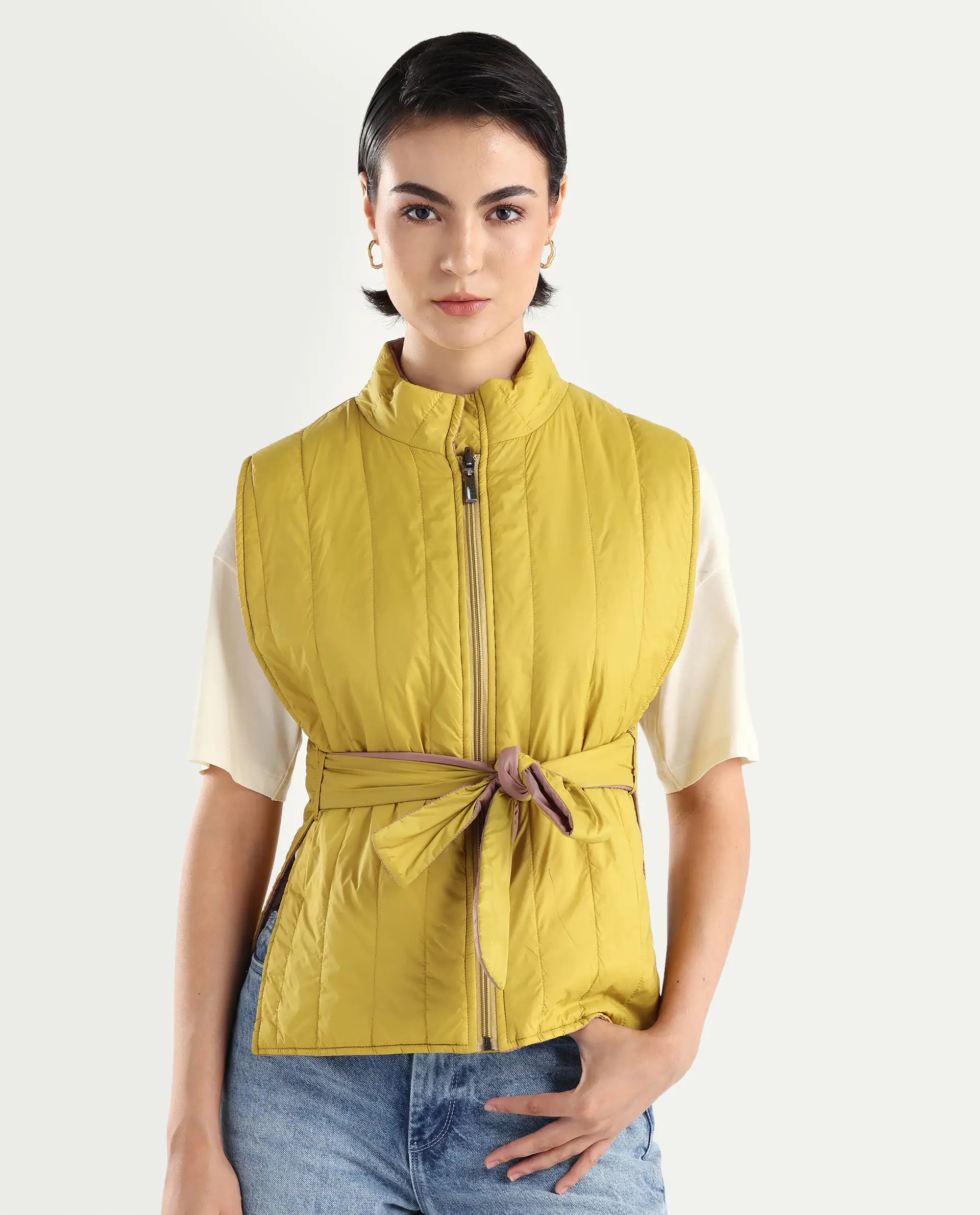 Rareism Women's Aurora Pink Polyester High Neck Plain Sleeveless Regular Fit Jacket - Image 4