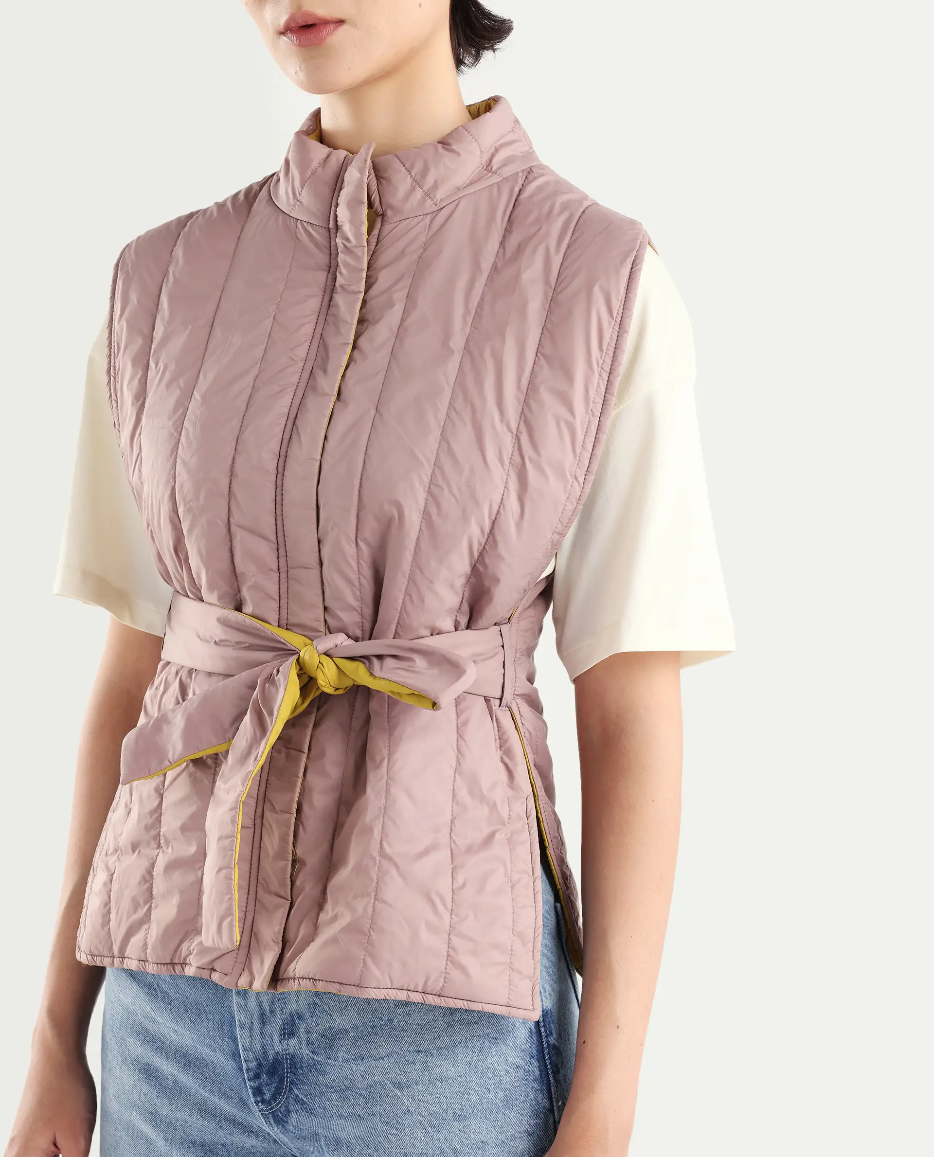 Rareism Women's Aurora Pink Polyester High Neck Plain Sleeveless Regular Fit Jacket - Image 5