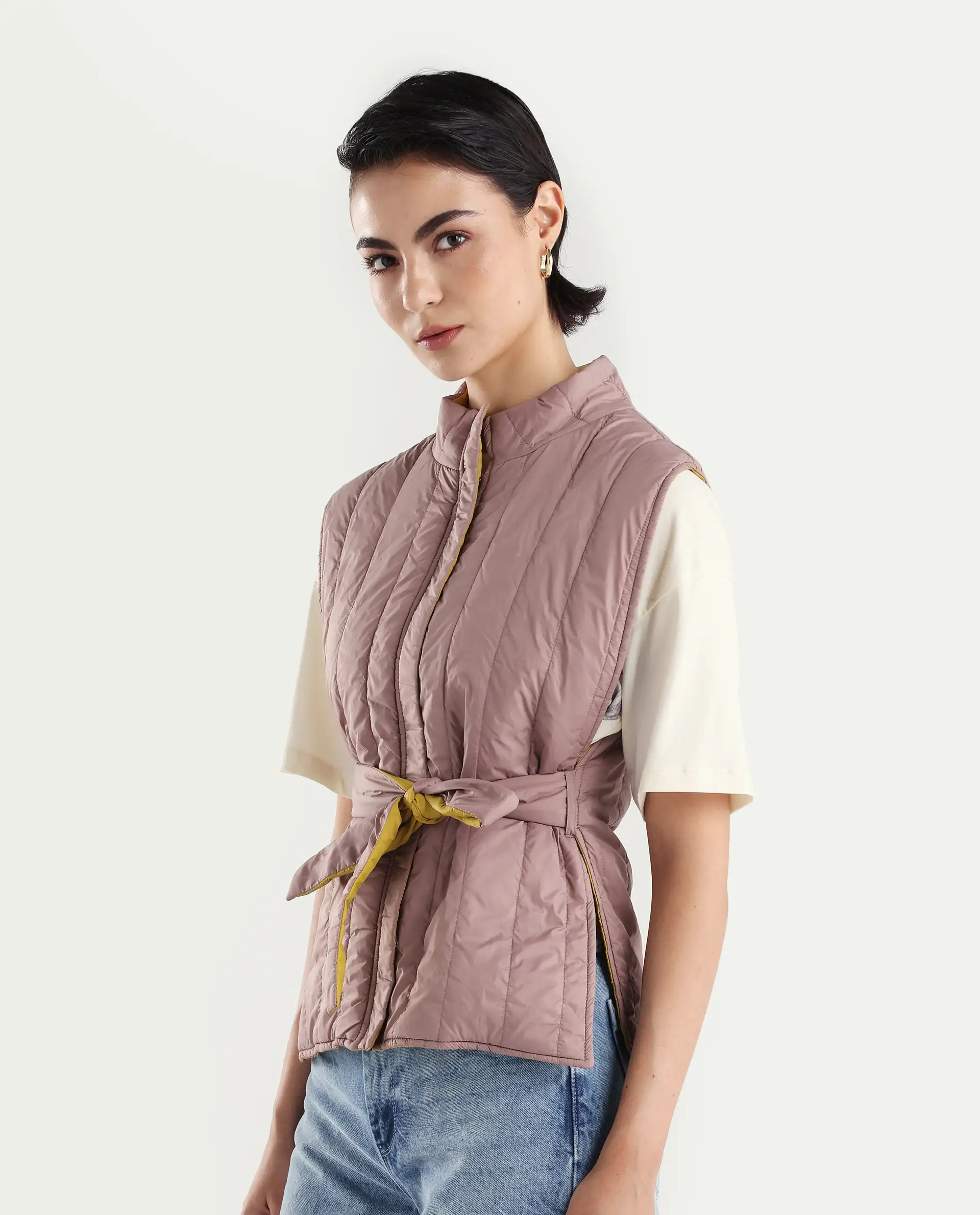 Rareism Women's Aurora Pink Polyester High Neck Plain Sleeveless Regular Fit Jacket - Image 6
