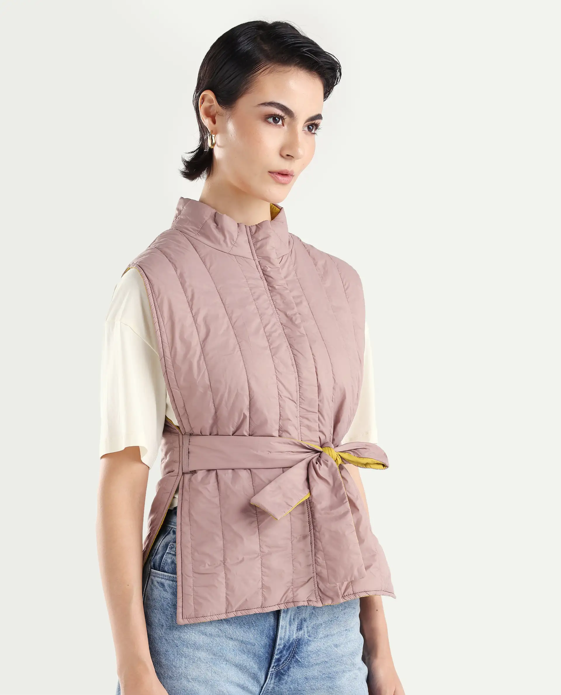 Rareism Women's Aurora Pink Polyester High Neck Plain Sleeveless Regular Fit Jacket - Image 7