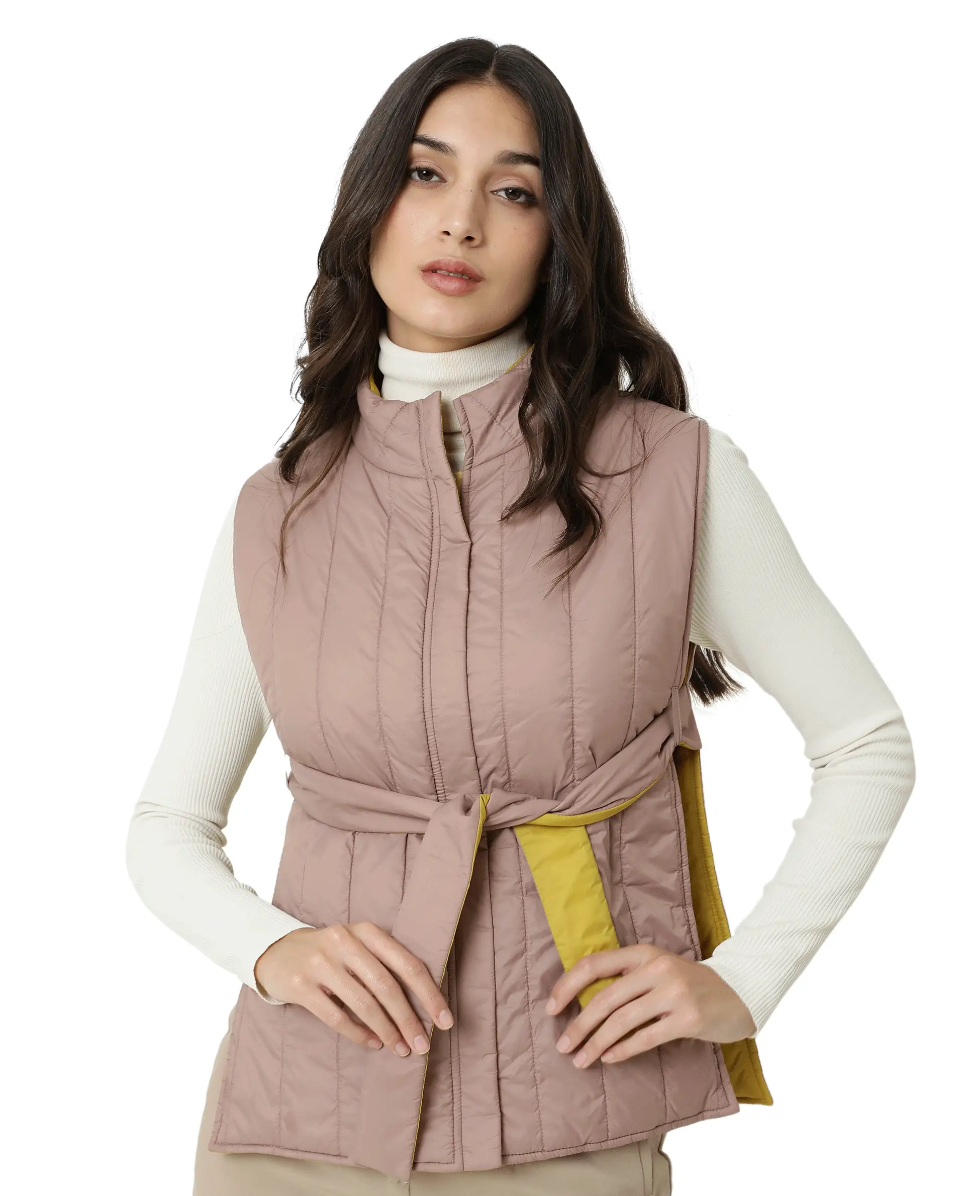 Rareism Women's Aurora Pink Polyester High Neck Plain Sleeveless Regular Fit Jacket - Image 9